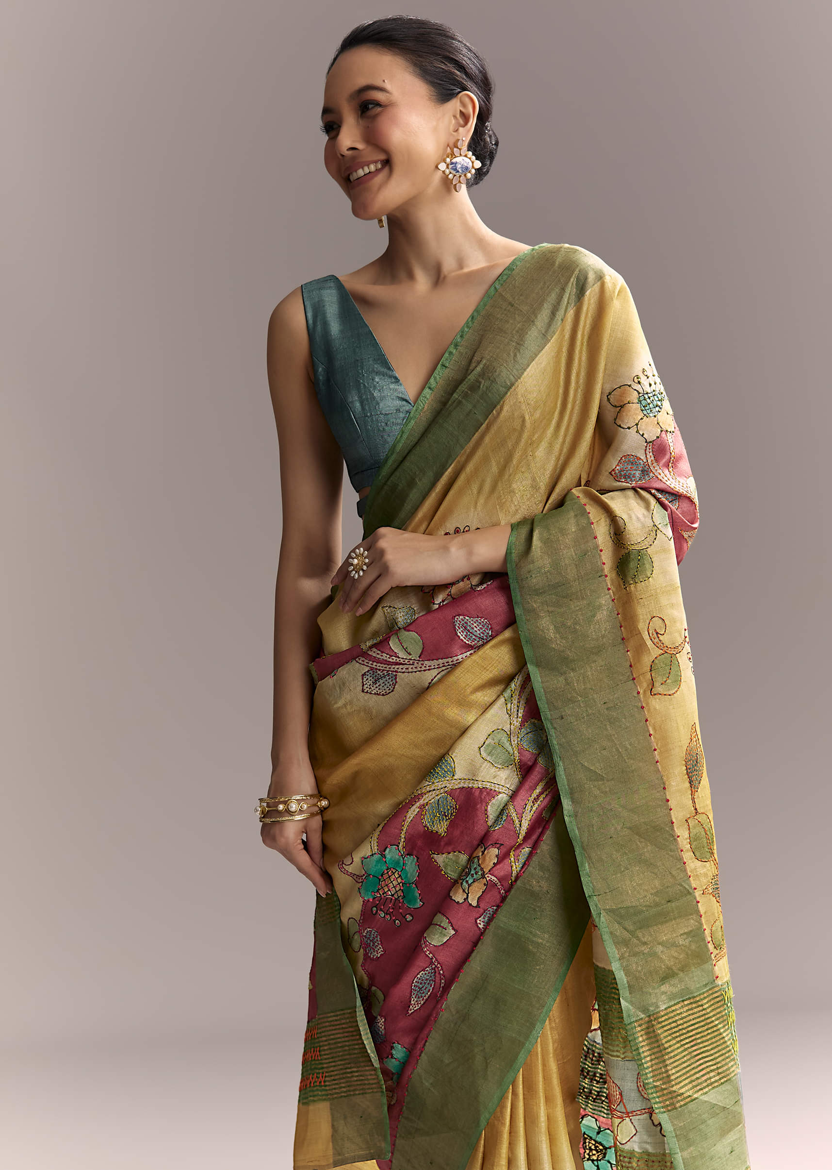 Yellow Cotton Saree With Hand Painted Motifs And Green Border - Image 5