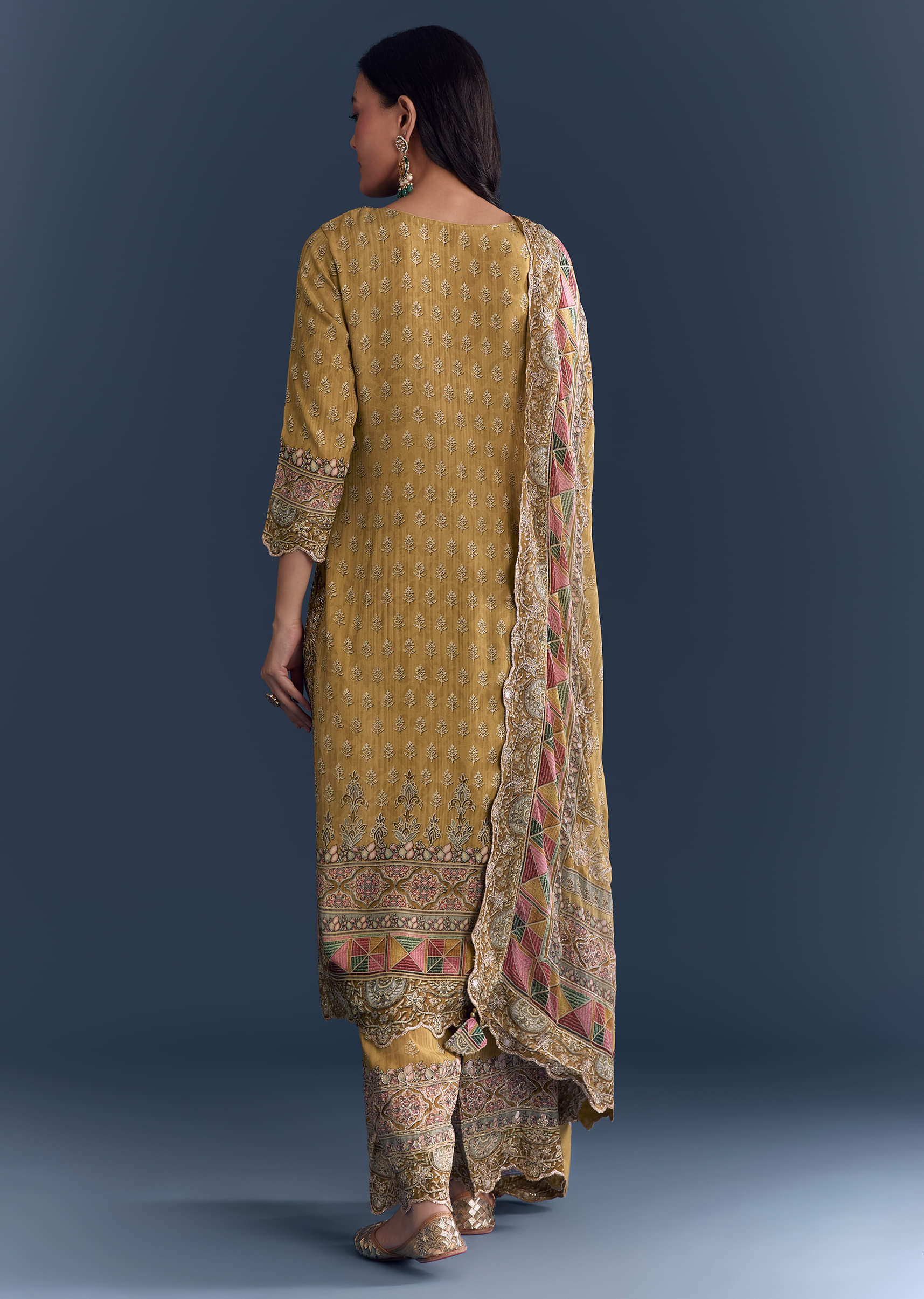 Yellow Crepe Kurta Set With Indie Print And Zari Embroidery - Image 5