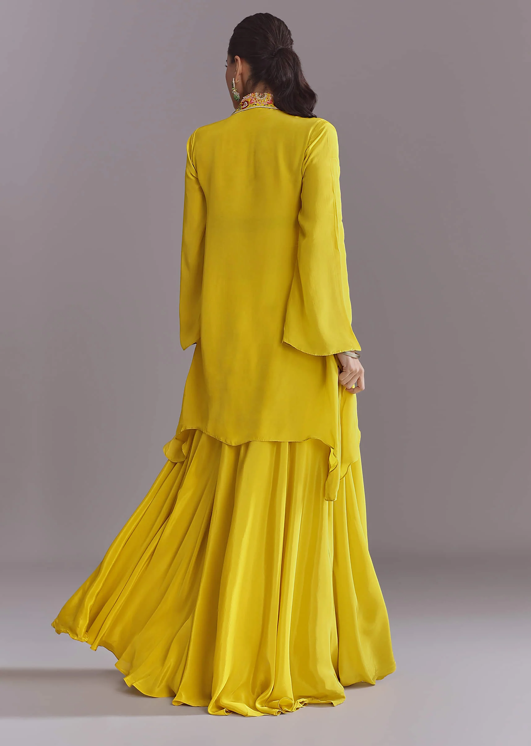 Yellow Crepe Palazzo Suit With Thread And Resham Work - Image 5