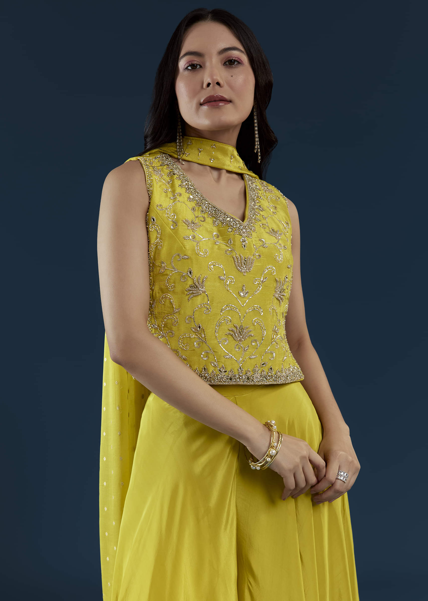 Yellow Crop Top Palazzo Set with Moti Work - Image 4