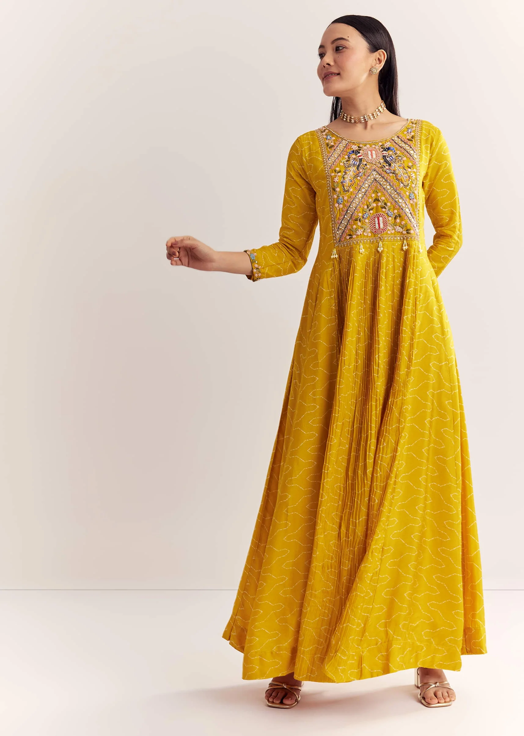 Yellow Dola Silk Gown With Embroidery - Image 3