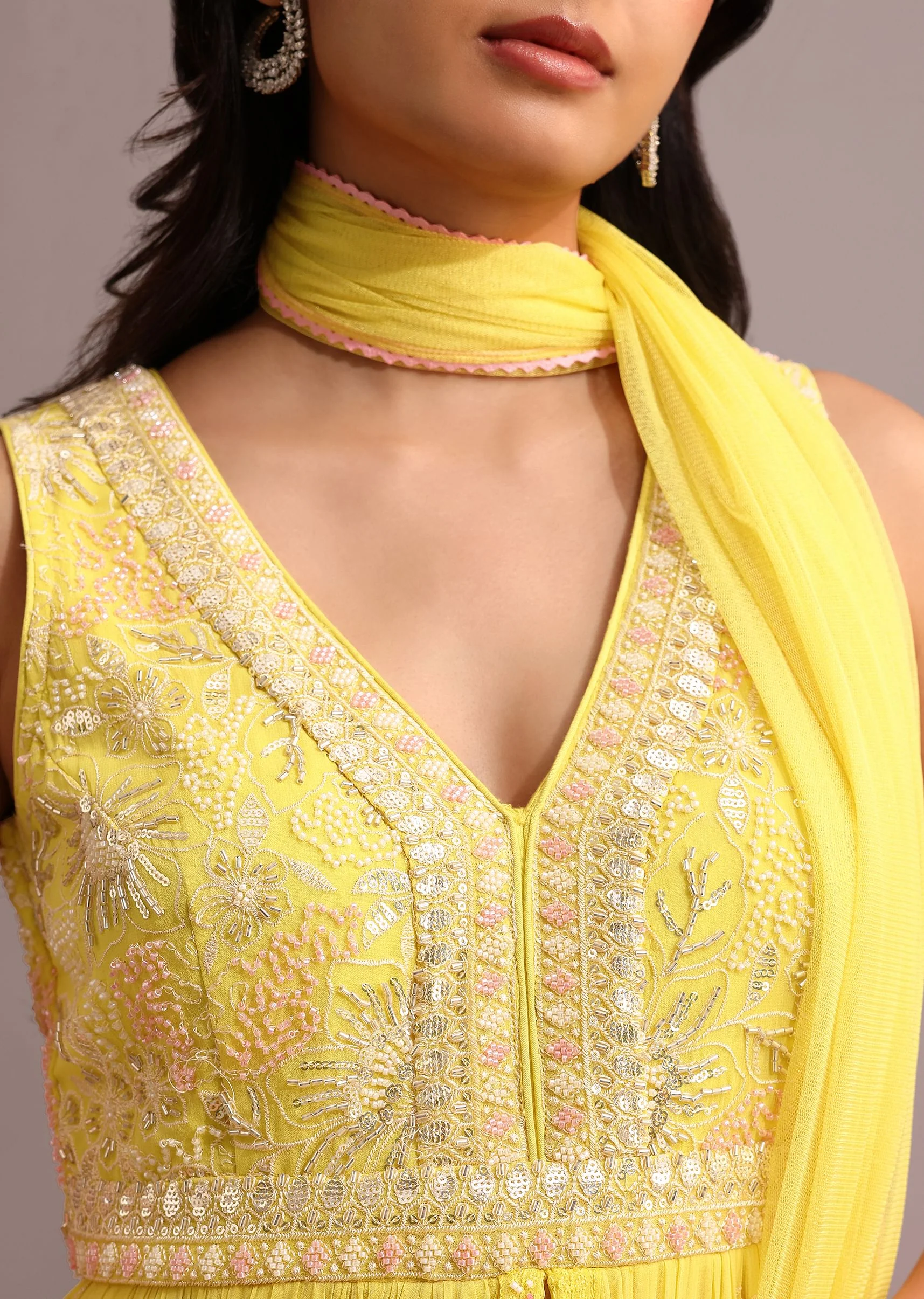 Yellow Embroidered Anarkali Pant Suit With Net Dupatta - Image 2