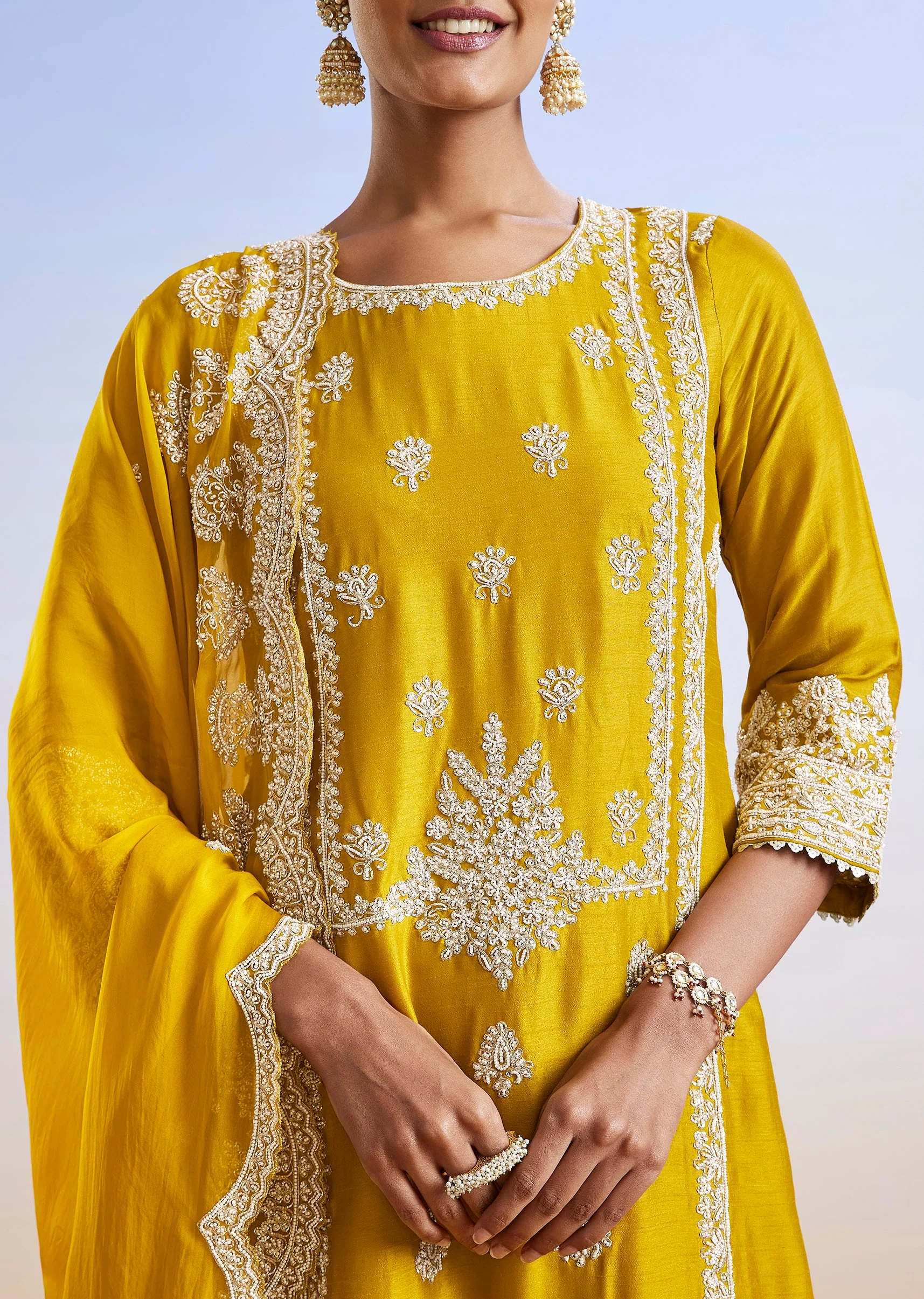 Yellow Embroidered Dola Silk Palazzo Suit With Dupatta - Image 2
