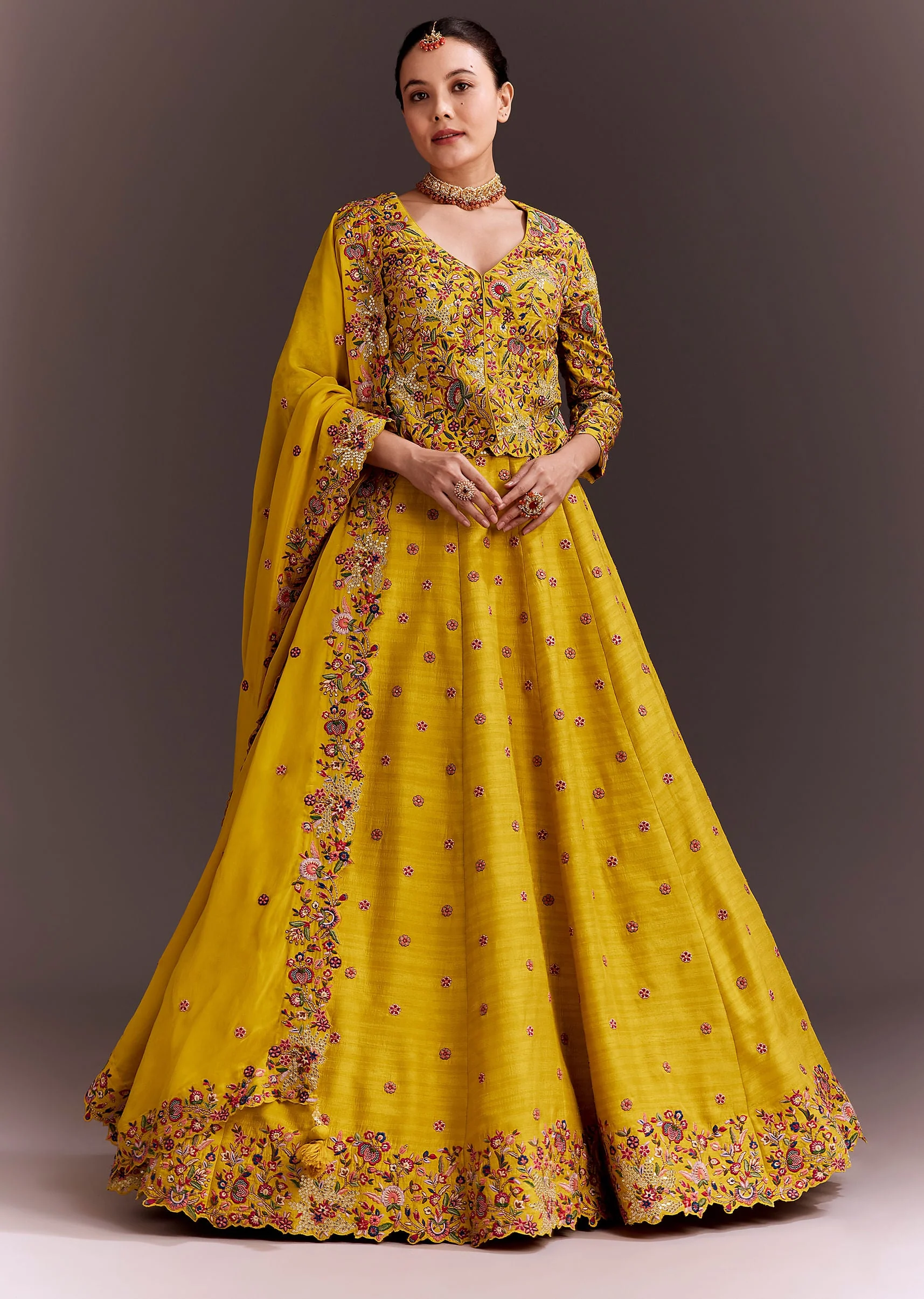 Yellow Embroidered Lehenga Set With Short Kurta And Dupatta - Image 3
