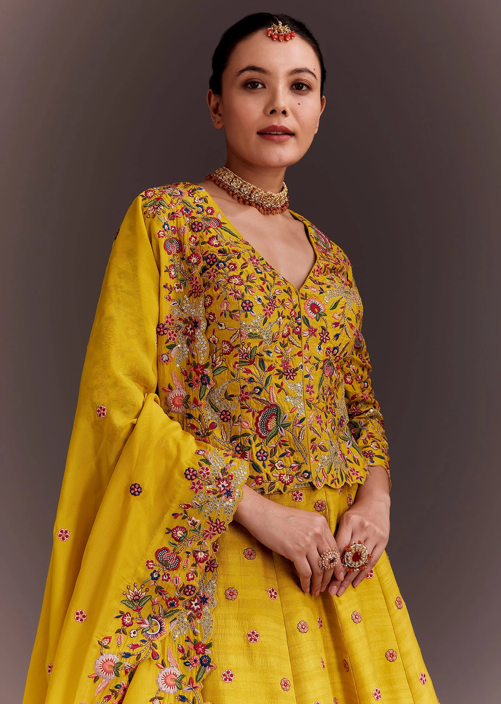 Yellow Embroidered Lehenga Set With Short Kurta And Dupatta - Image 4