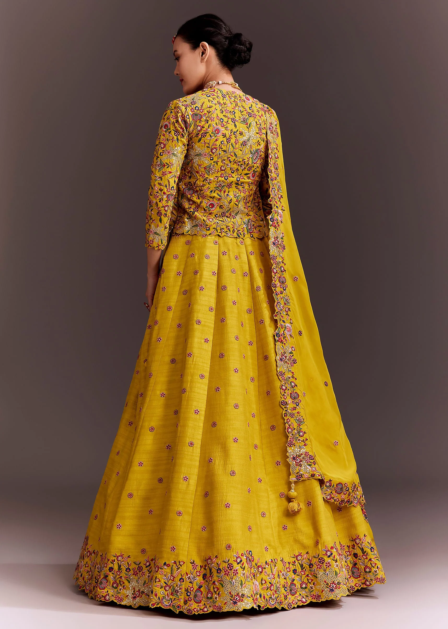 Yellow Embroidered Lehenga Set With Short Kurta And Dupatta - Image 5