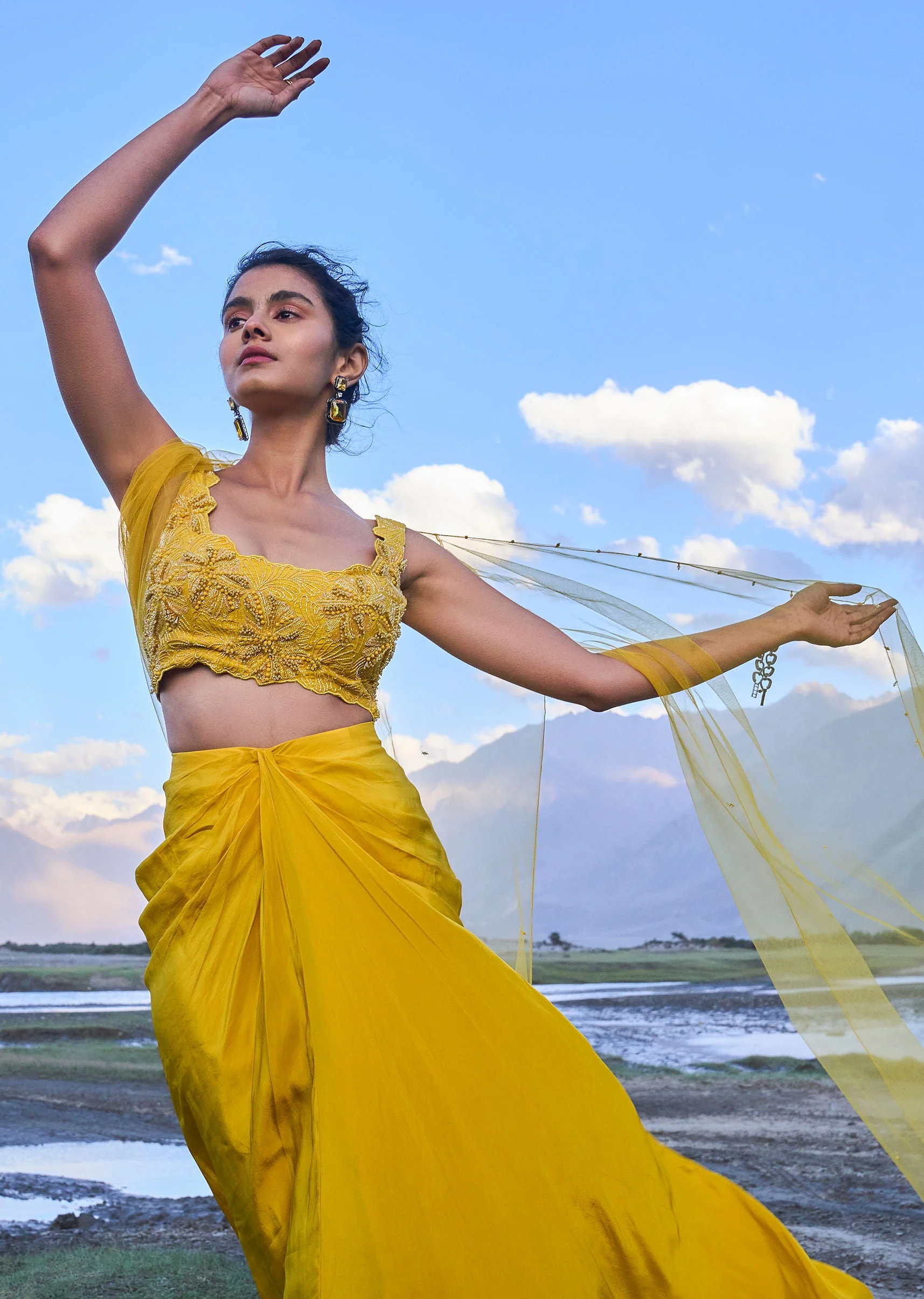 Yellow Pre Draped Skirt With Embroidered Corset Blouse And Cape - Image 3