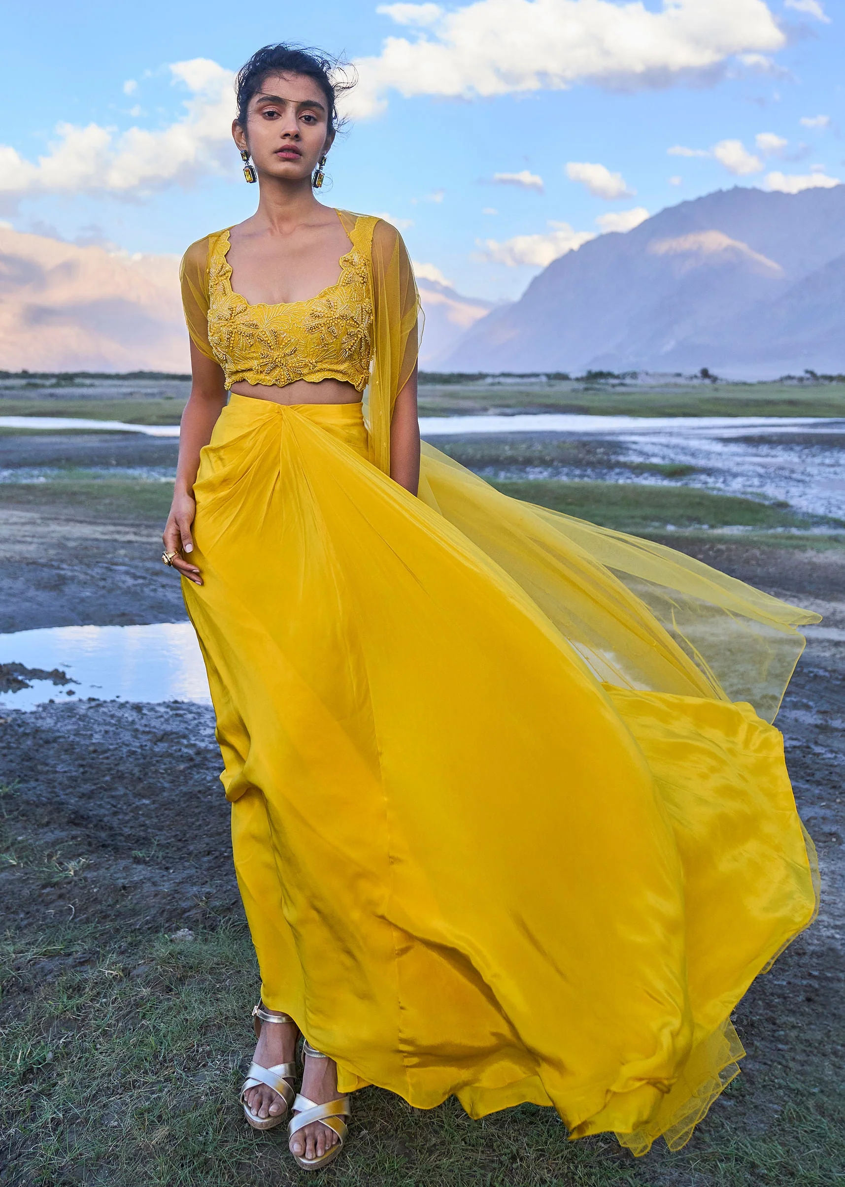 Yellow Pre Draped Skirt With Embroidered Corset Blouse And Cape - Image 4