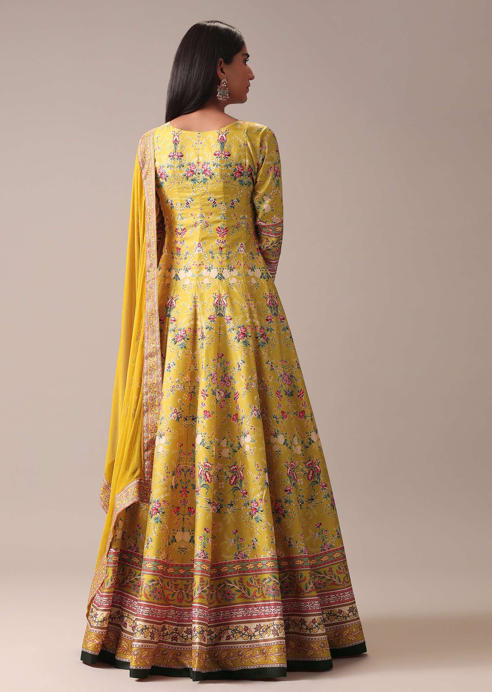Yellow Floral Printed Anarkali Suit Set In Silk - Image 5