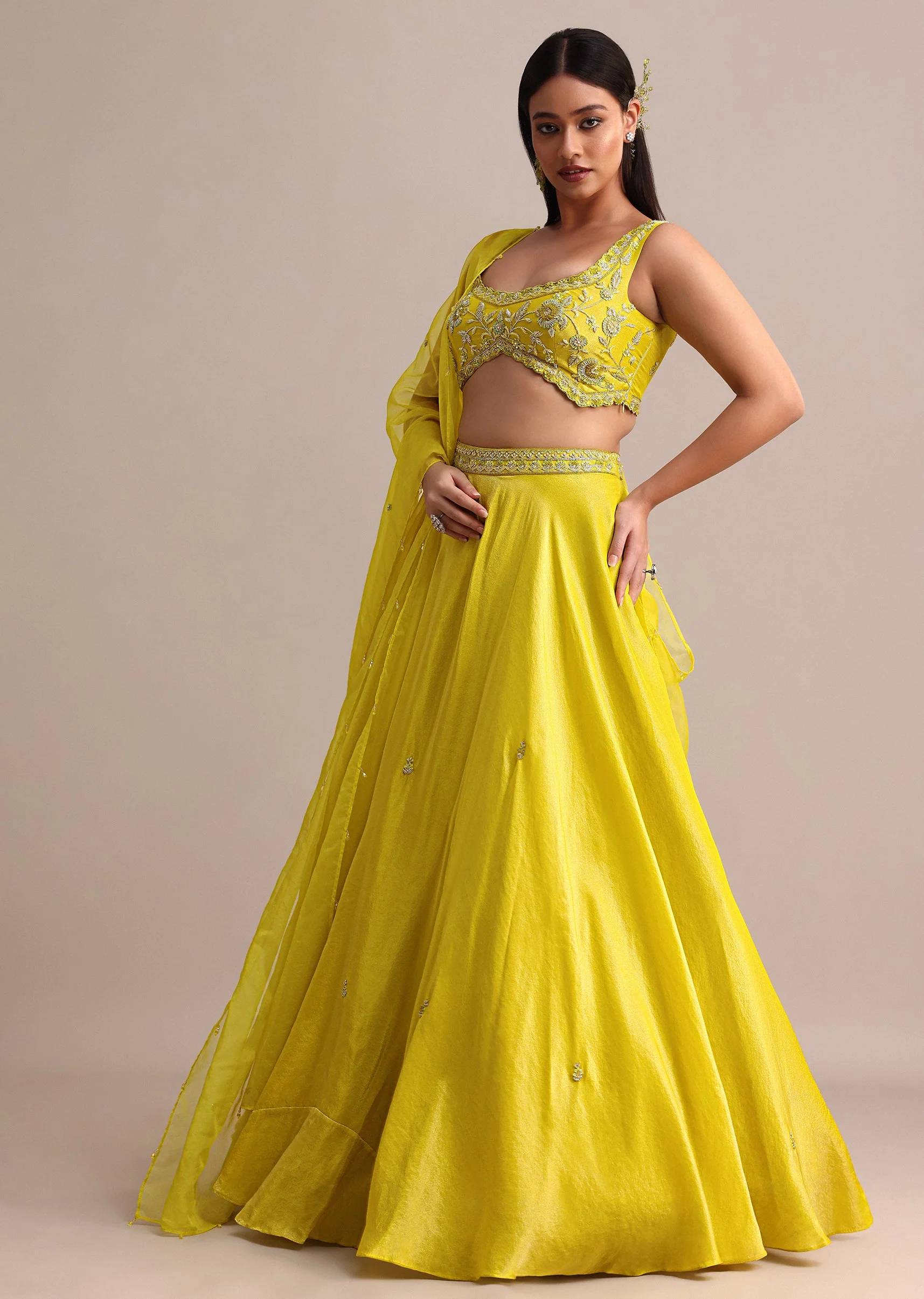 Yellow Garwal Tissue Double Circular Lehenga With Embroidered Blouse And Dupatta - Image 3