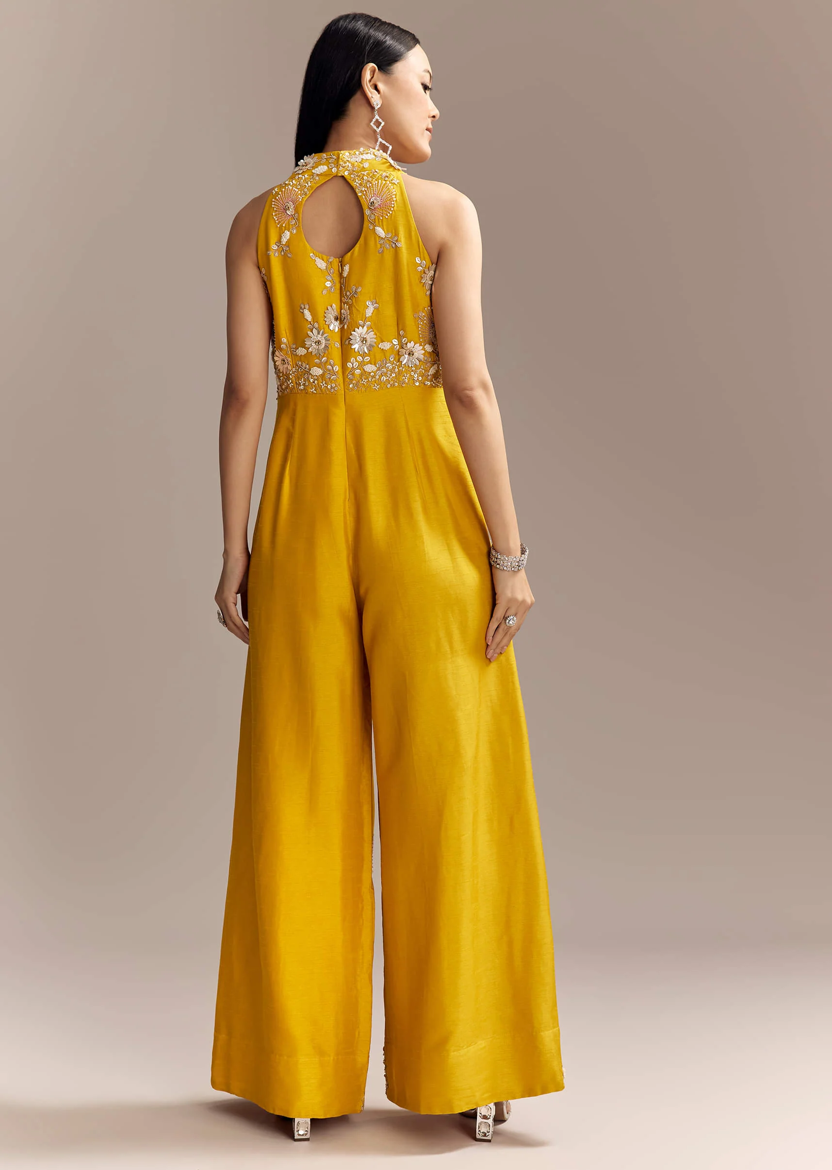 Yellow Georgette Embellished Crop Top And Palazzo Set With Cutdana Work - Image 10