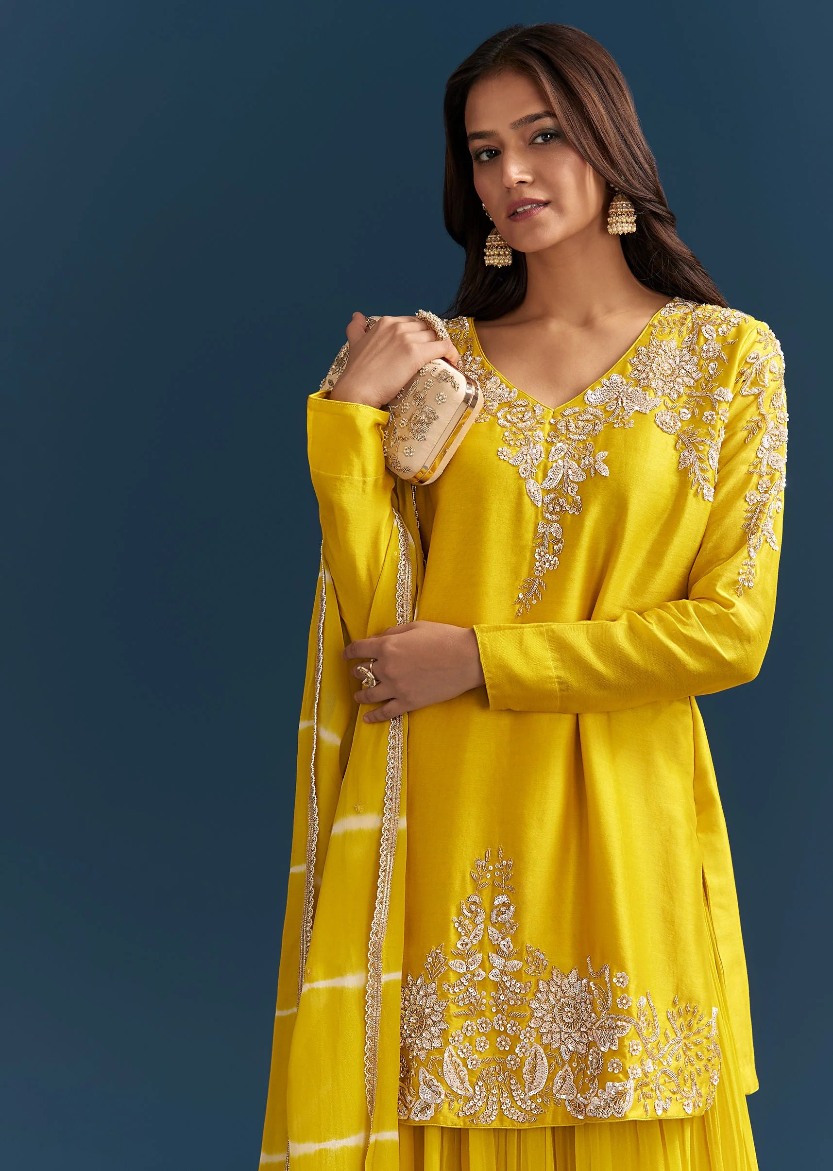 Yellow Georgette Kurta Skirt Set With Sequins Work And Dupatta - Image 3