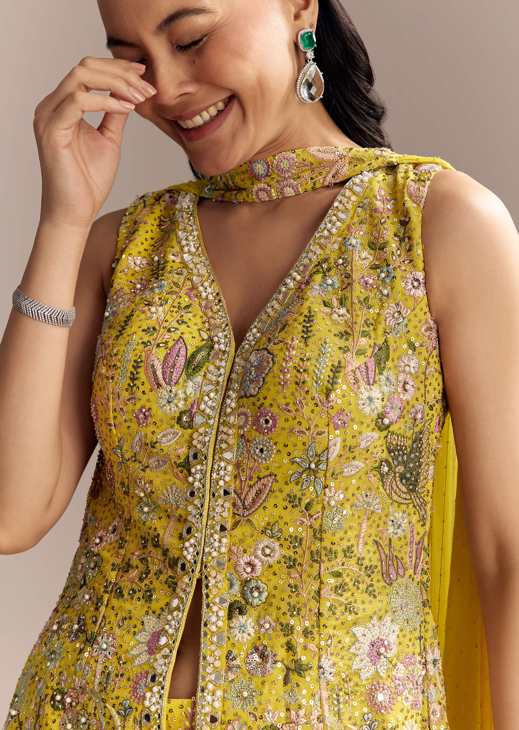 Yellow Georgette Palazzo Suit With Heavy Sequins And Resham Work - Image 2