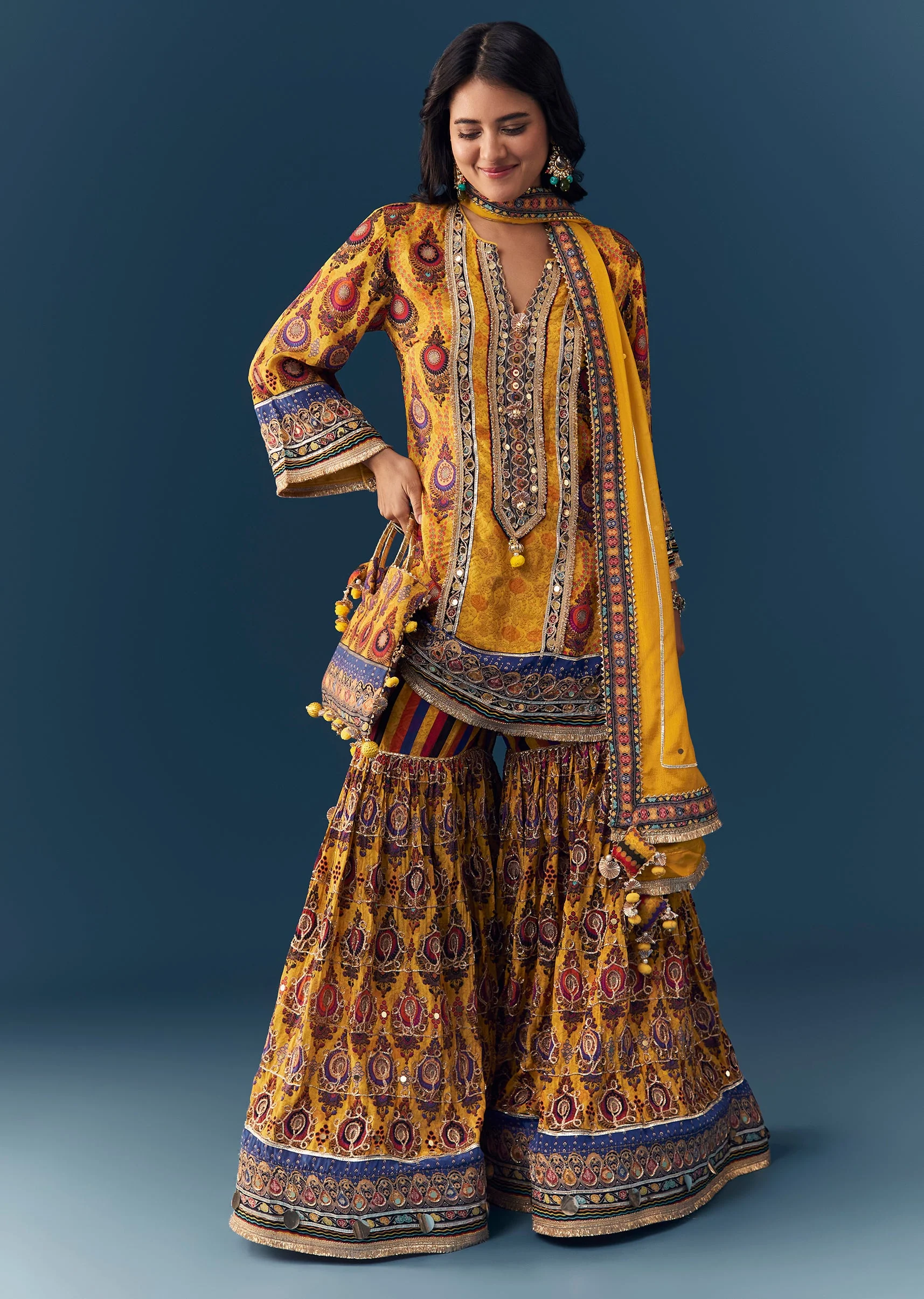 Yellow Gota Lace Work Sharara Set with Handbag - Image 3
