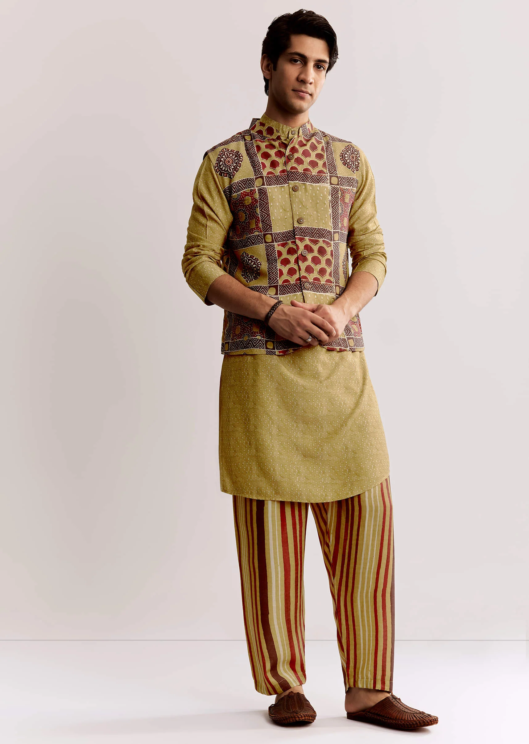 Yellow Linen Kurta Jacket Set With Ajrakh Print - Image 4