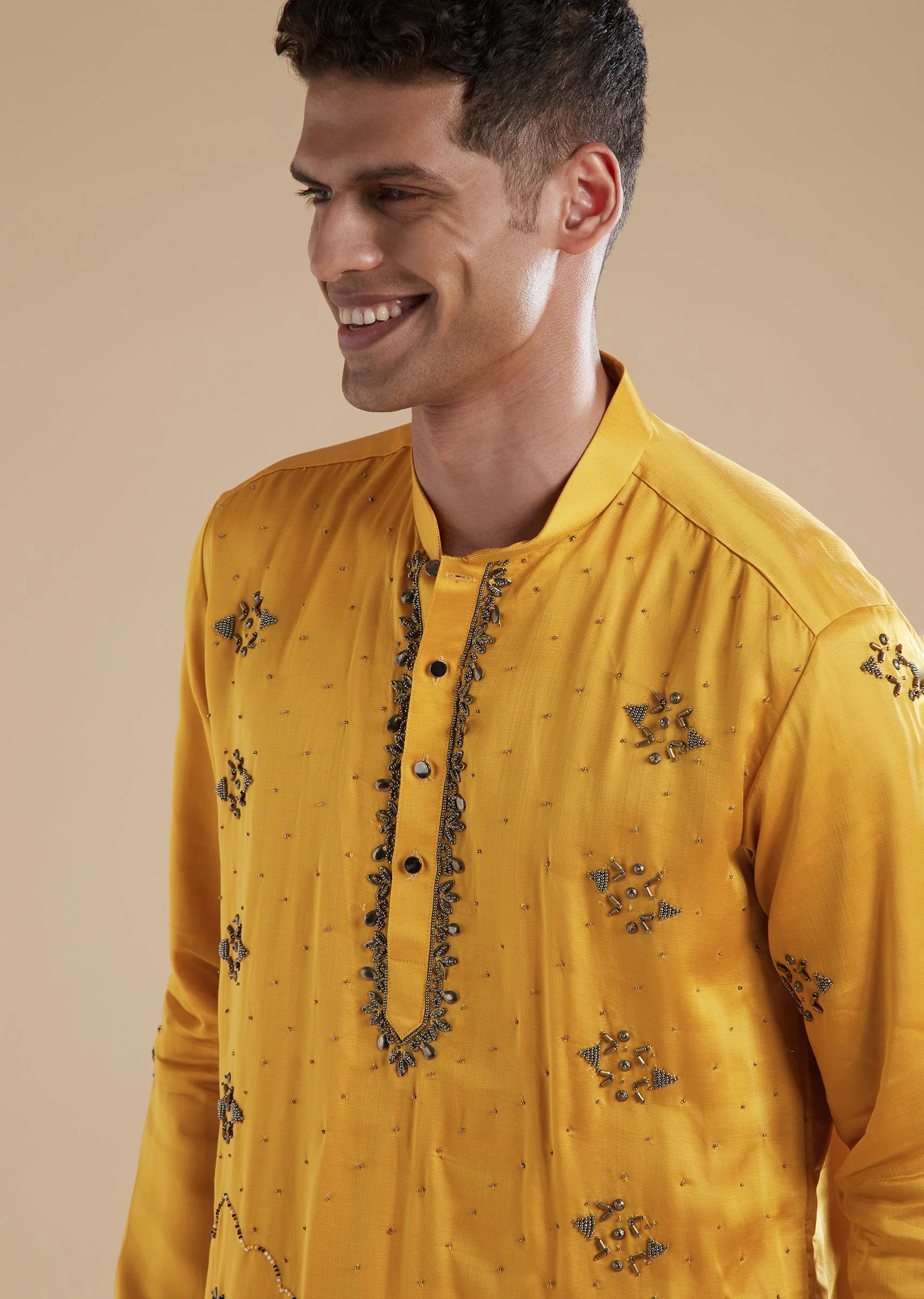 Yellow Linen Satin Mens Kurta Set with Metal Beads Detail Work - Image 4
