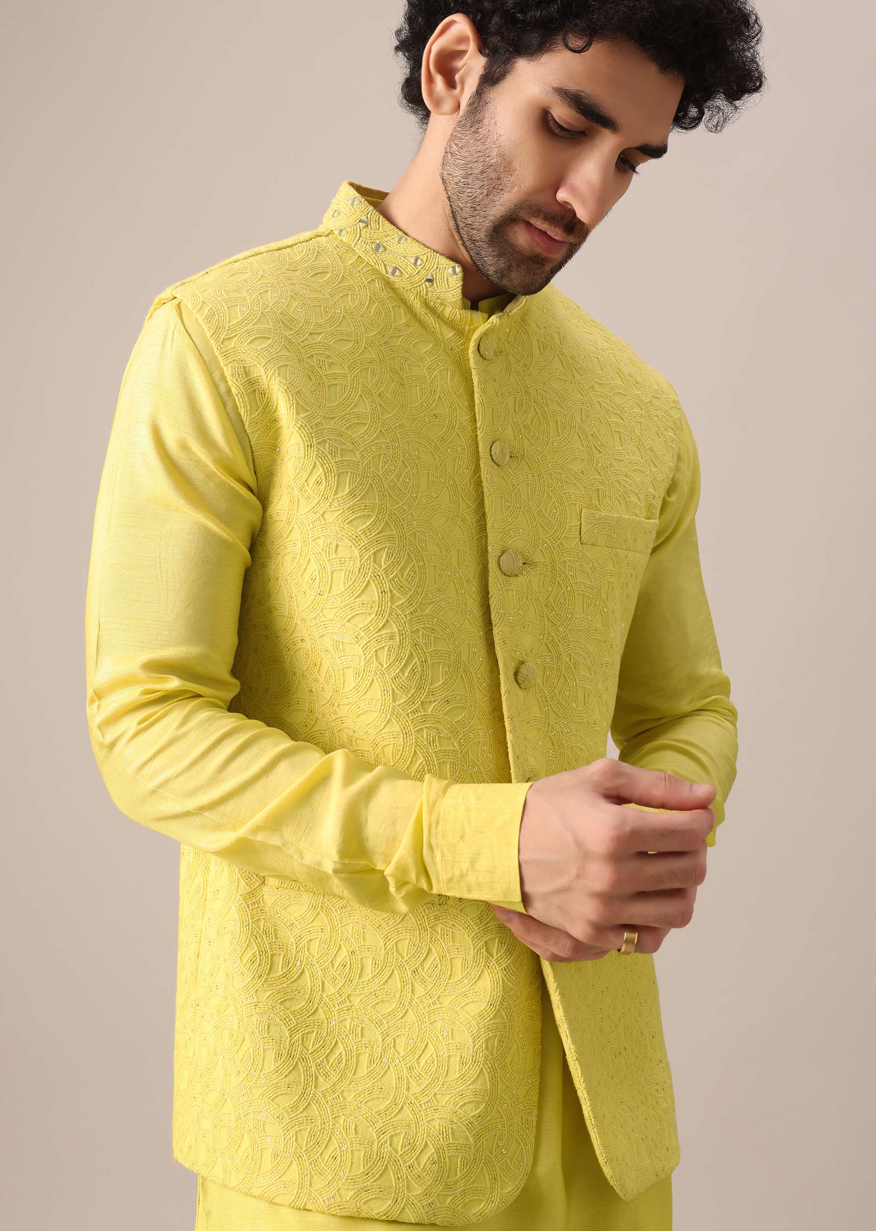 Yellow Mirror Work Jacket And Kurta Set - Image 2