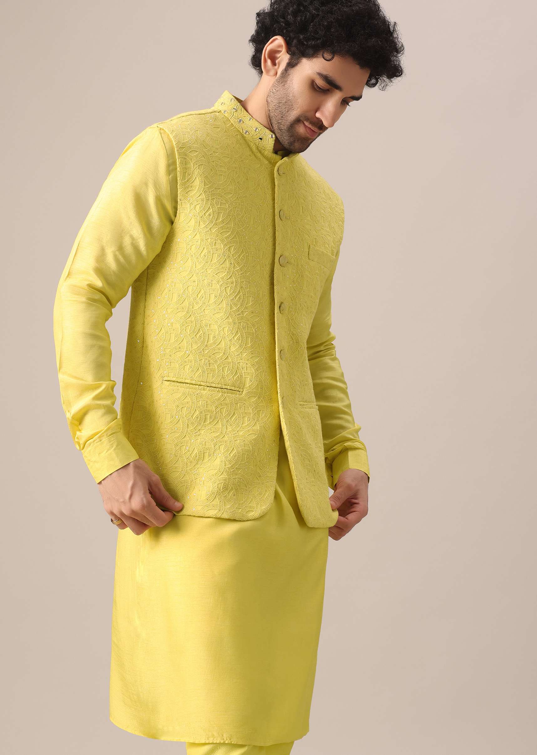 Yellow Mirror Work Jacket And Kurta Set - Image 4