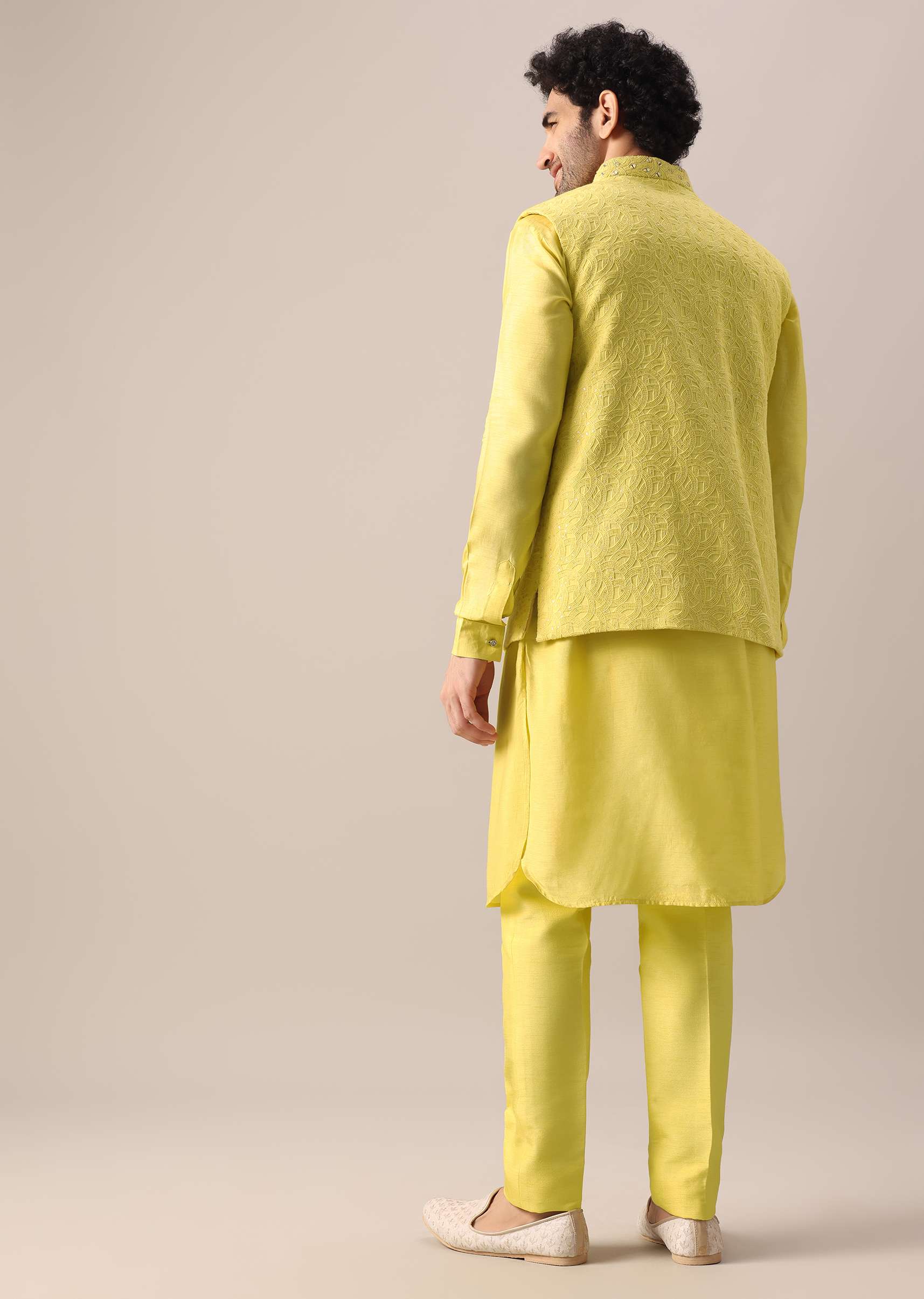 Yellow Mirror Work Jacket And Kurta Set - Image 5