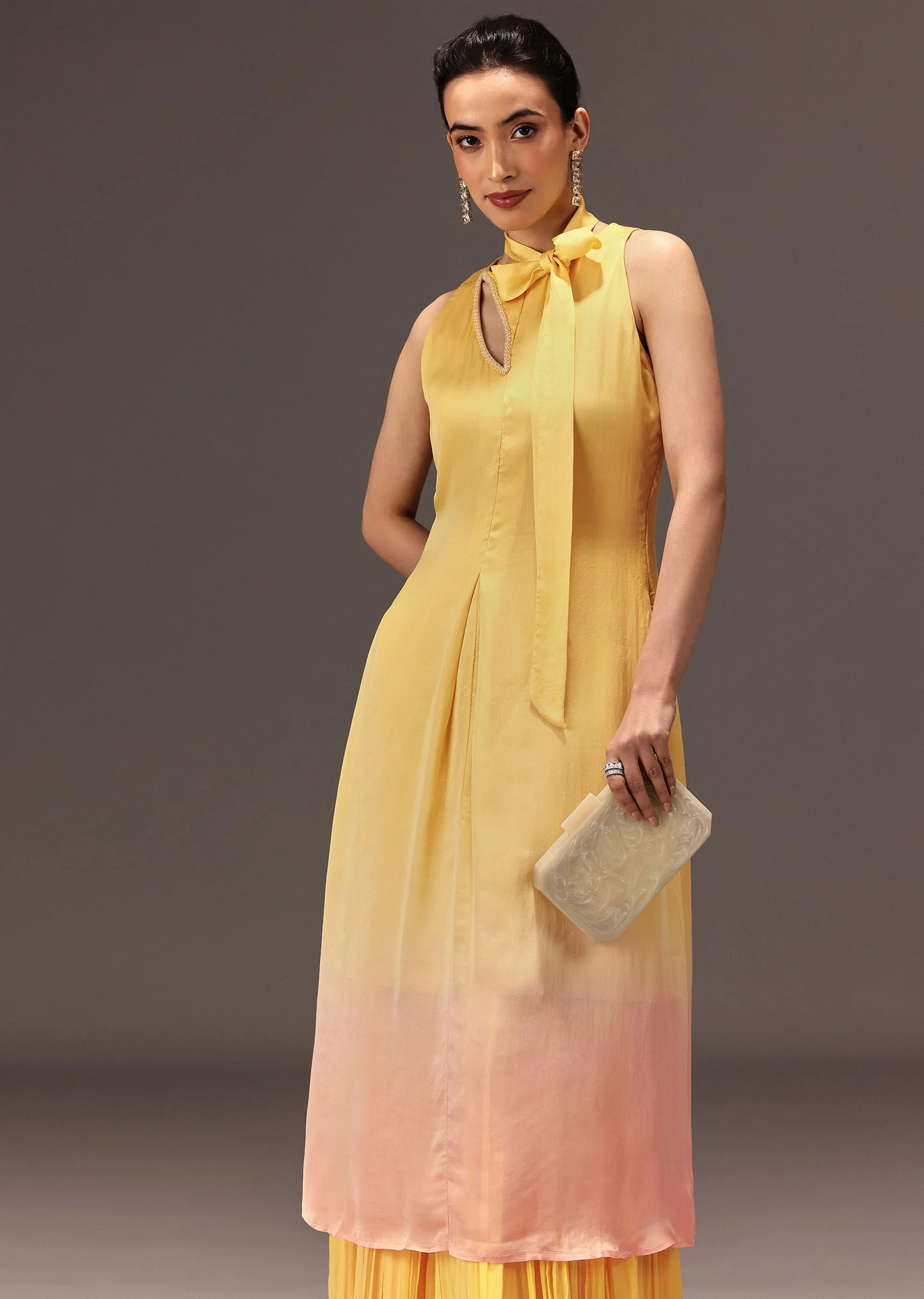Yellow Ombre Halter Neck Kurta And Palazzo Set - Image 4