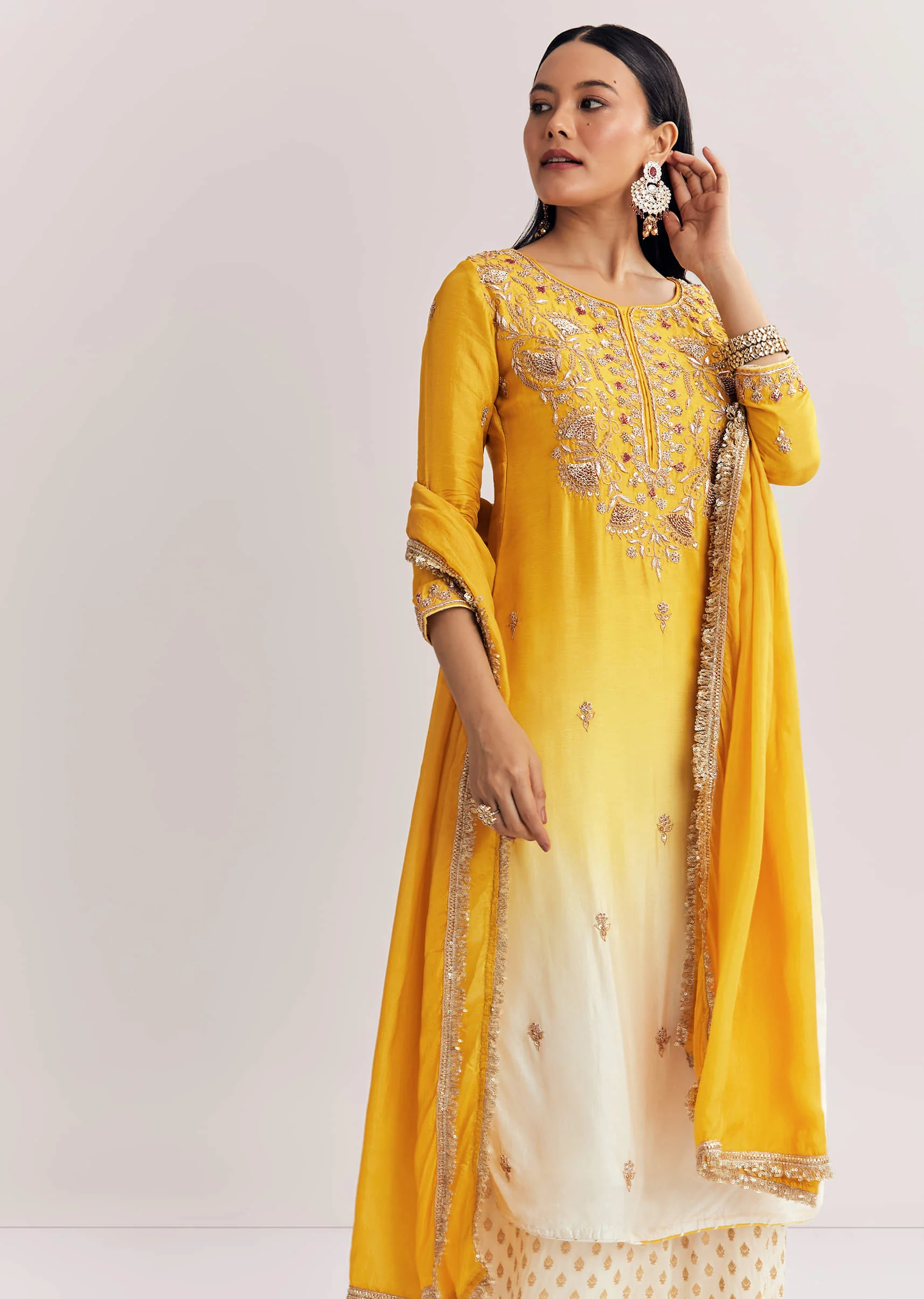 Yellow Ombre Kurta Palazzo Suit With Zardosi And Sequins Work - Image 7