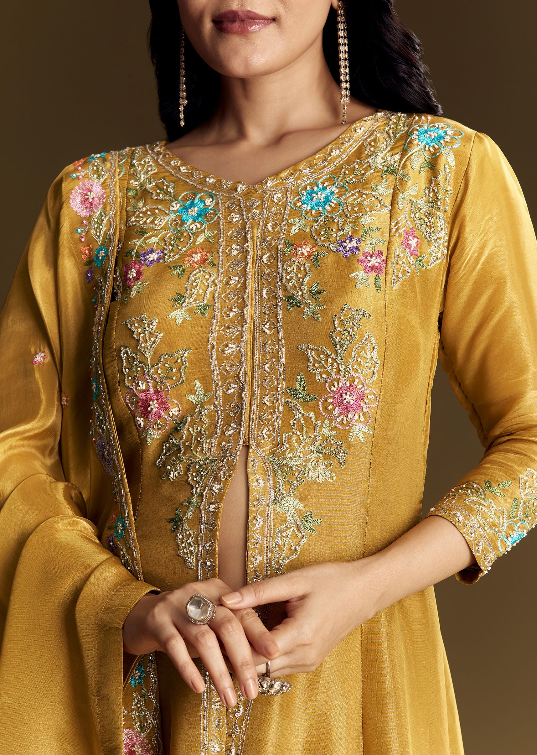 Yellow Palazzo Suit With Resham Kurta Dupatta - Image 2