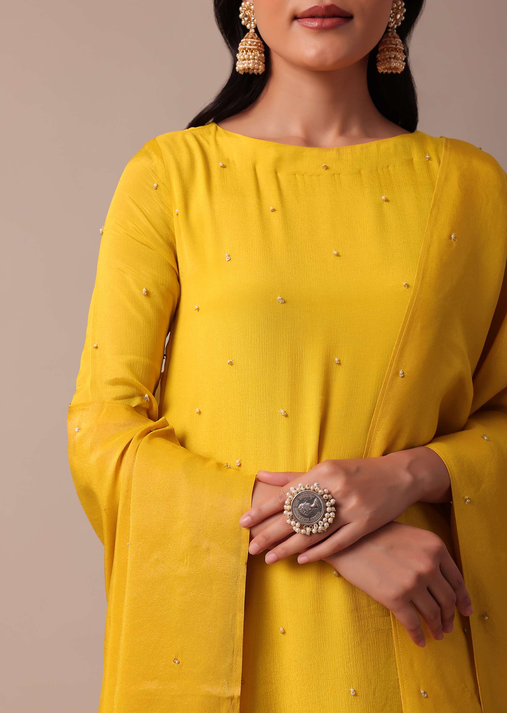 Yellow Pant Set In Chiffon With Sequin Work Kurta - Image 5