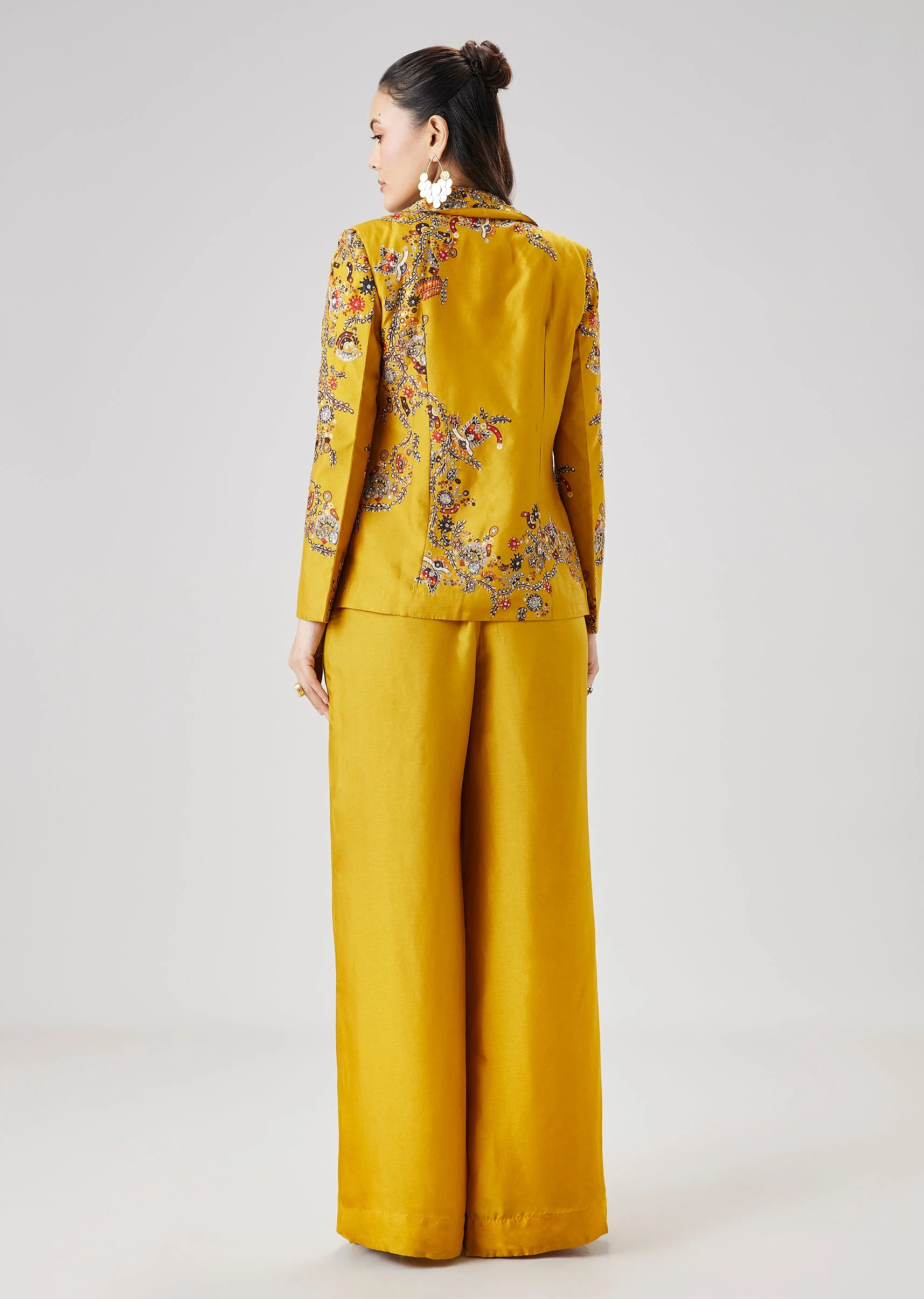 Yellow Printed Silk Ensemble with Crop Top Palazzo Pants And Embellished Jacket - Image 5