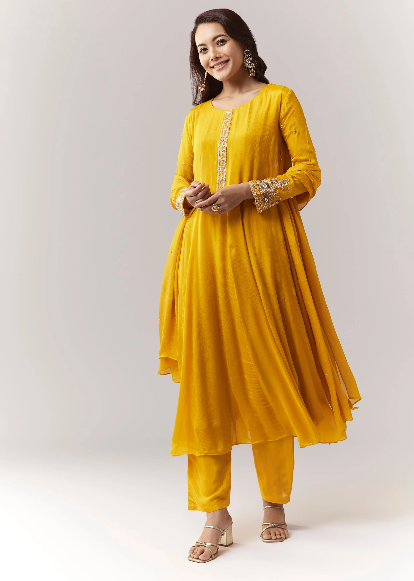 Yellow Resham Cut Dana Sleeve Anarkali Pant Set With Dupatta - Image 3