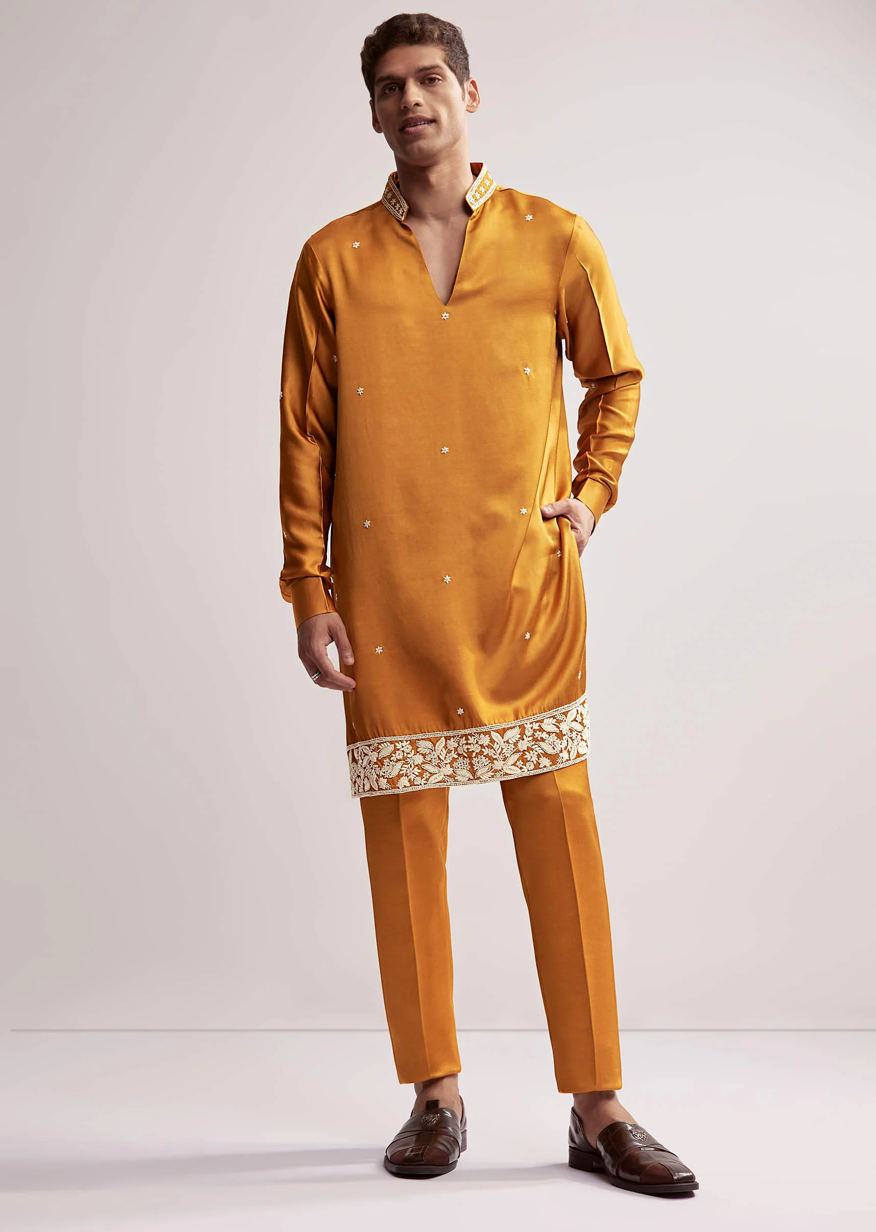 Yellow Satin Blend Kurta Set For Men With Hand Embroidered Buttis - Image 4