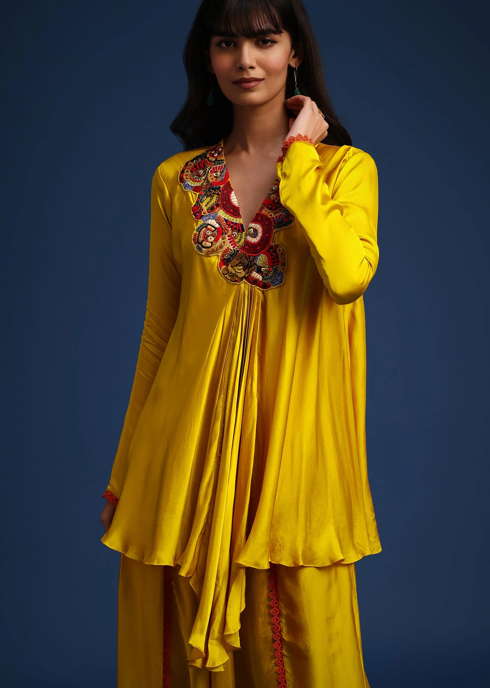 Yellow Satin Kurta And Dhoti Set - Image 4
