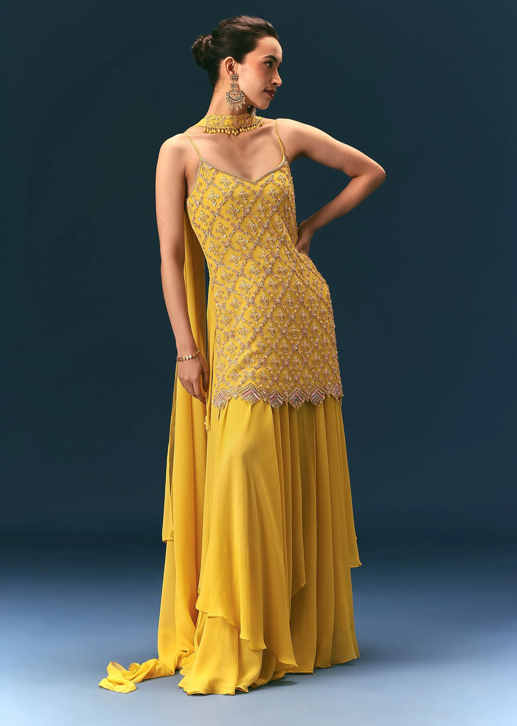Yellow Sequin Hand Work Sharara Suit With Embroidered Choker Dupatta - Image 3