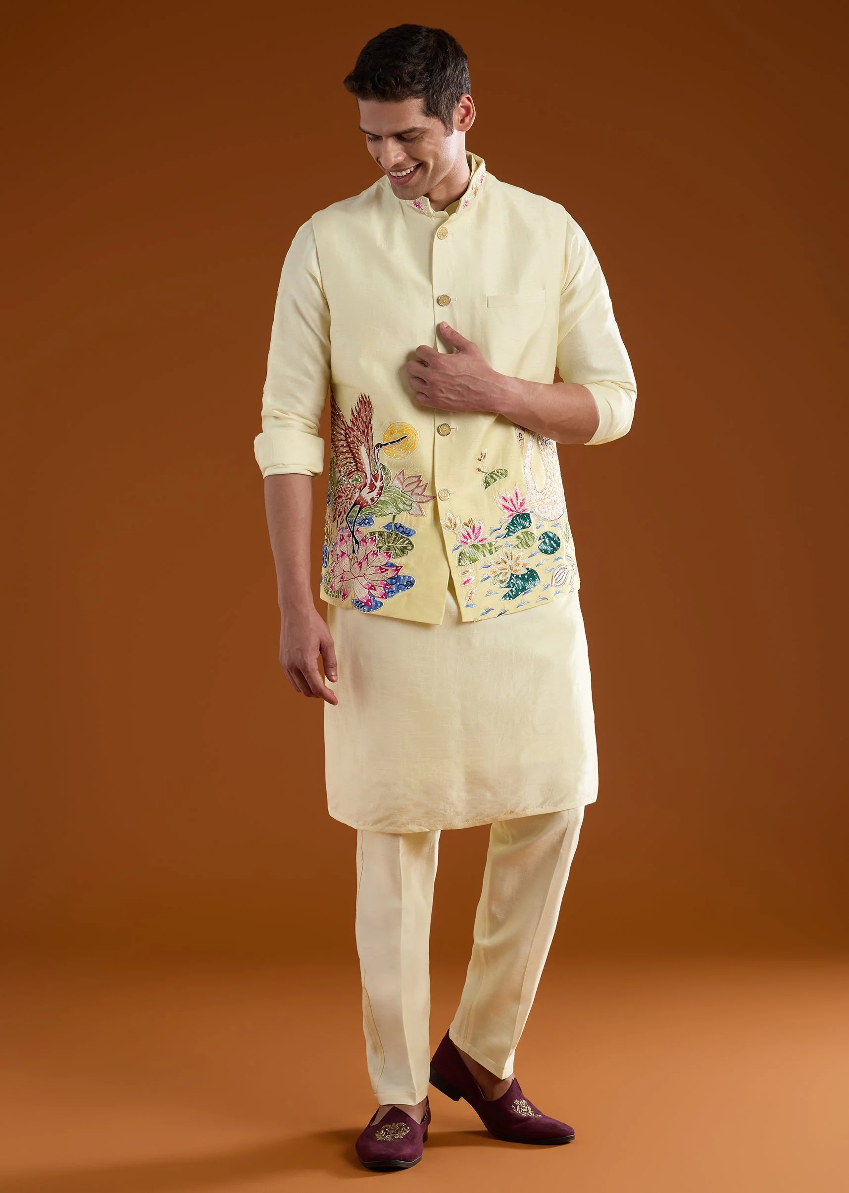 Yellow Silk Embroidered Front Button Kurta Sets And Dupatta - Image 3