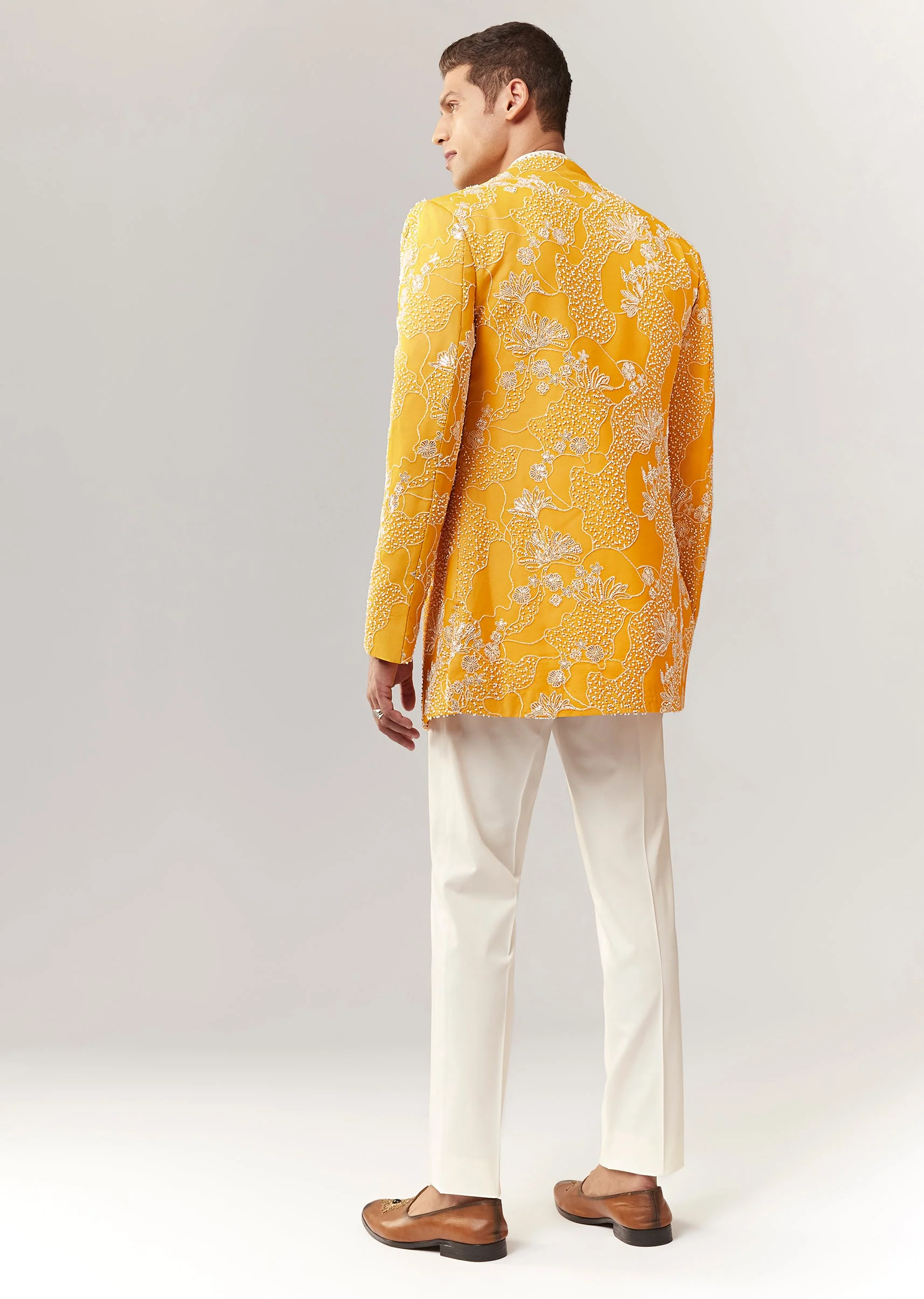 Yellow Silk Indo Western Set With Cutdana Sequins And Resham Work - Image 5