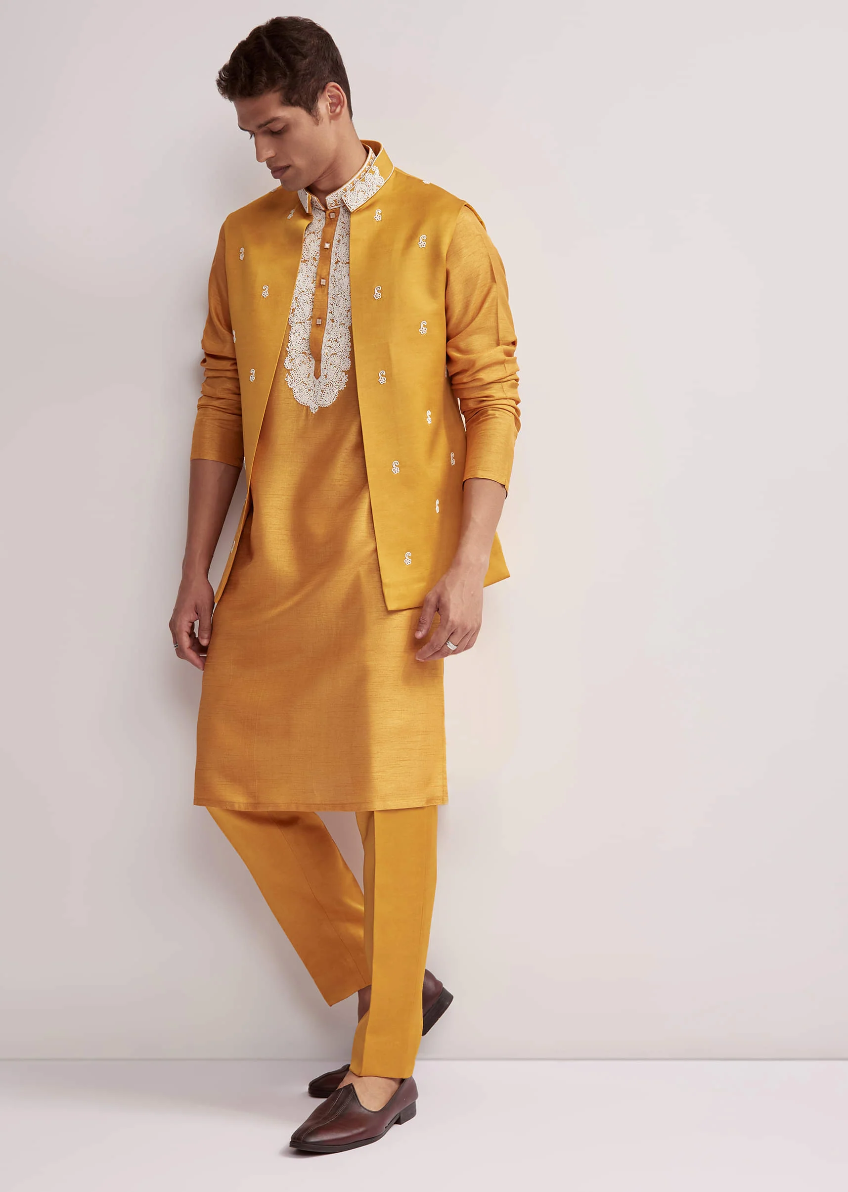 Yellow Silk Kurta Jacket Set For Men With Zardosi Hand Embroidery - Image 8