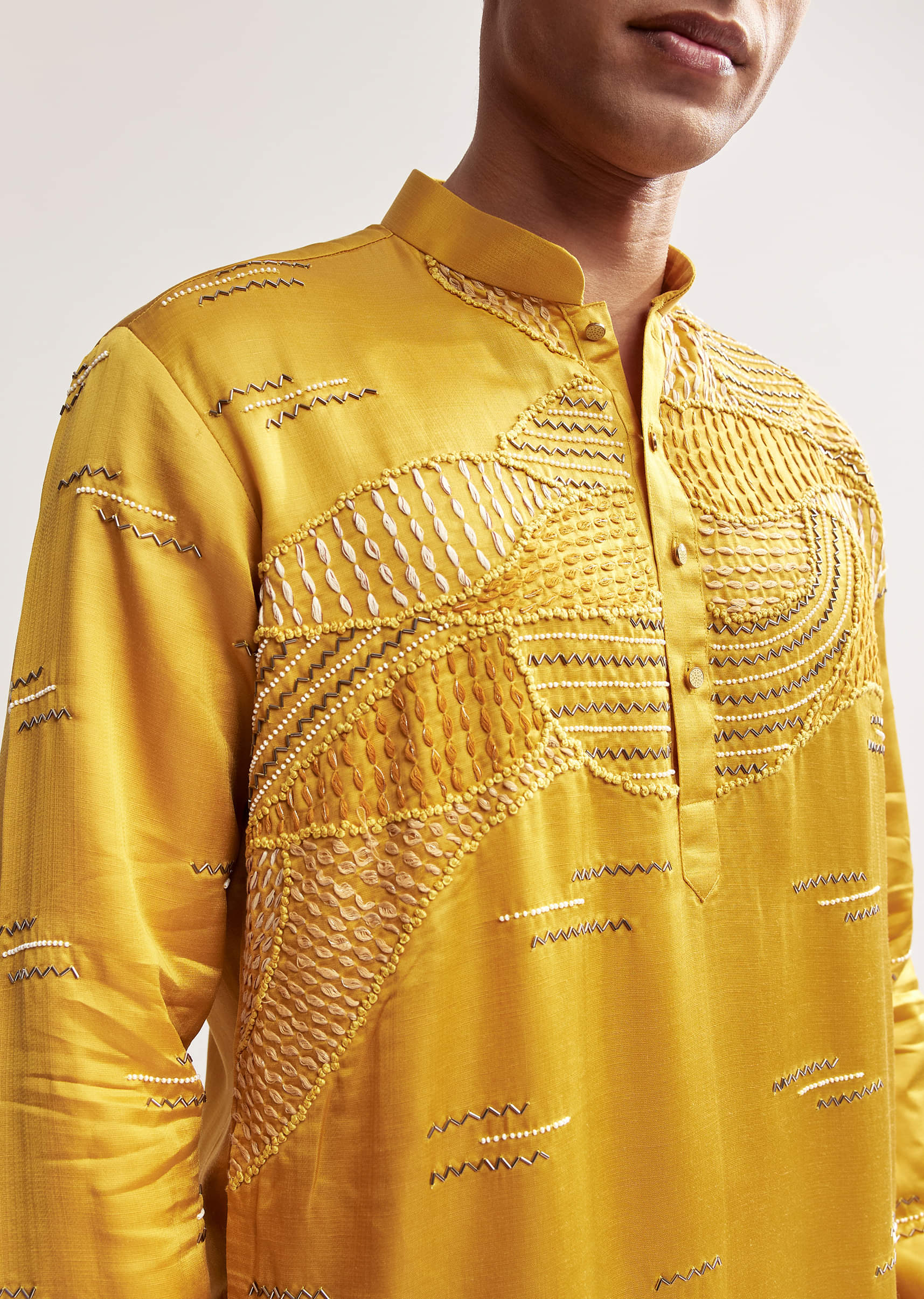Yellow Silk Kurta Set For Men With Cutdana And Bead Work - Image 2