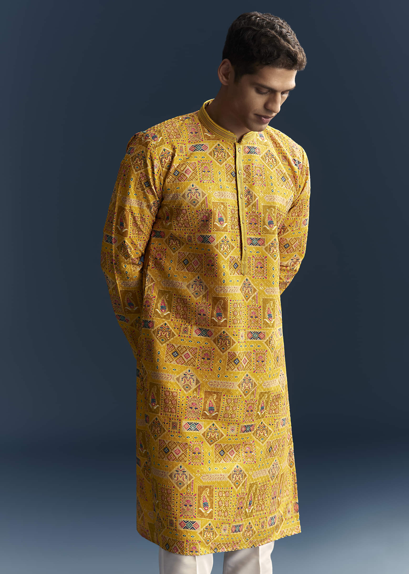 Yellow Silk Kurta Set For Men With Heavy Hand Embroidery - Image 5