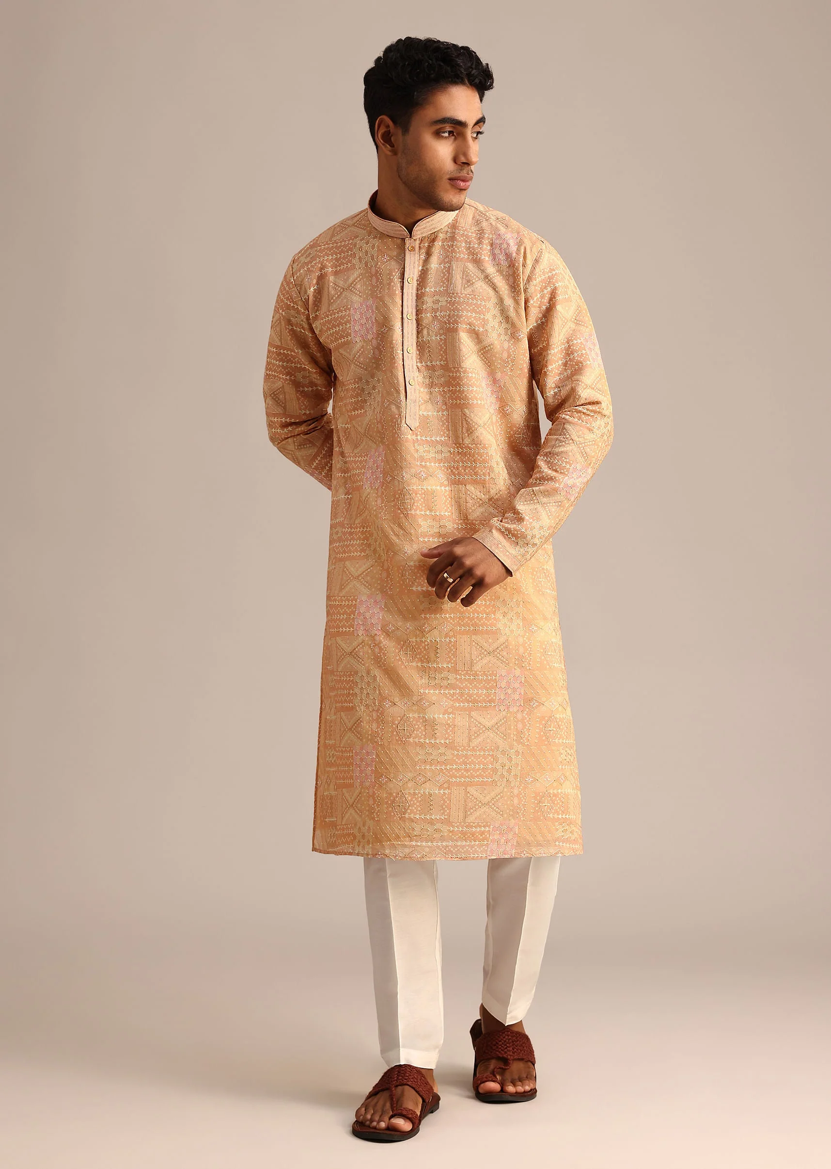 Yellow Silk Kurta Set With Printed Work - Image 3