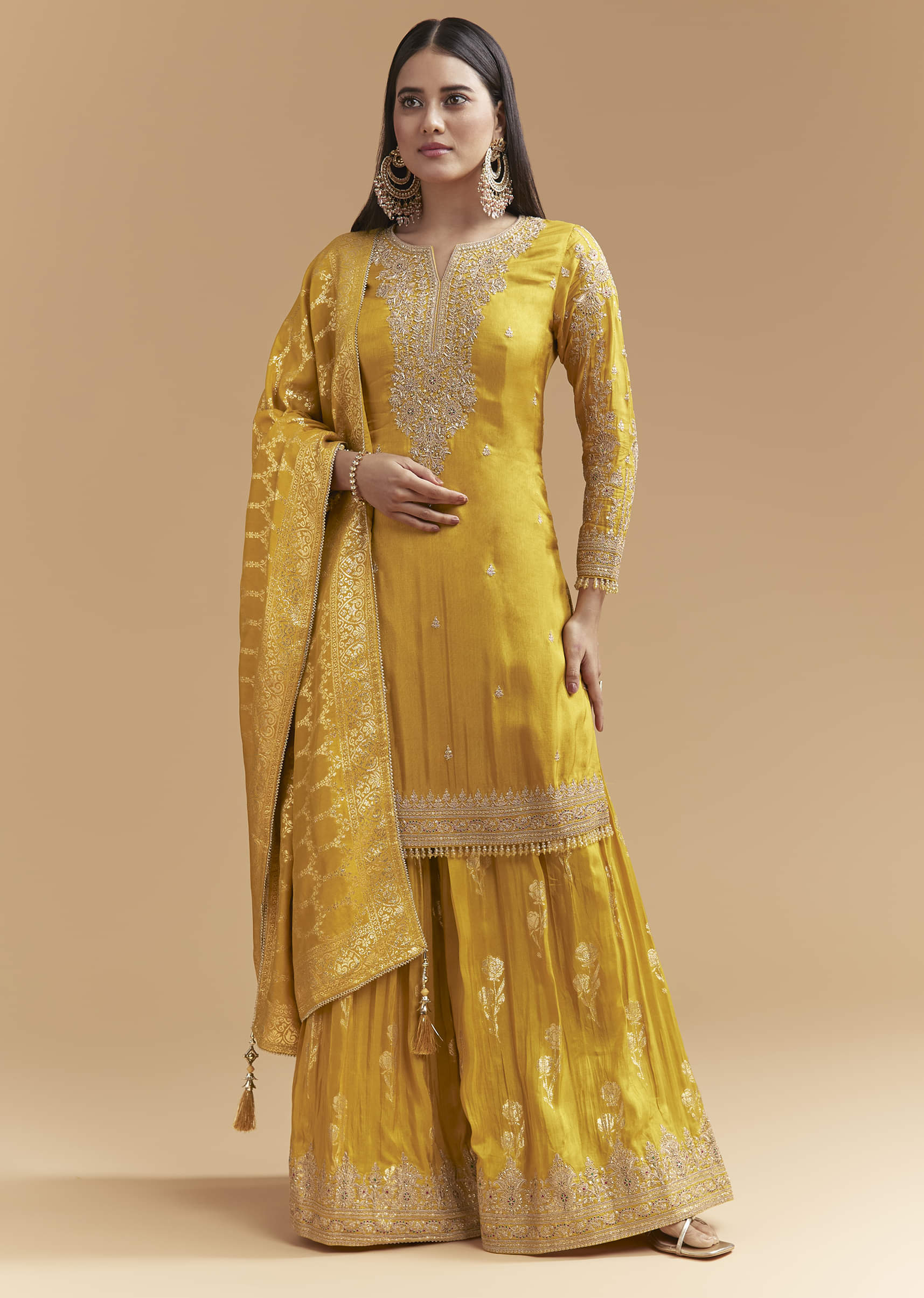 Yellow Silk Palazzo Suit With Hand Embroidery - Image 3