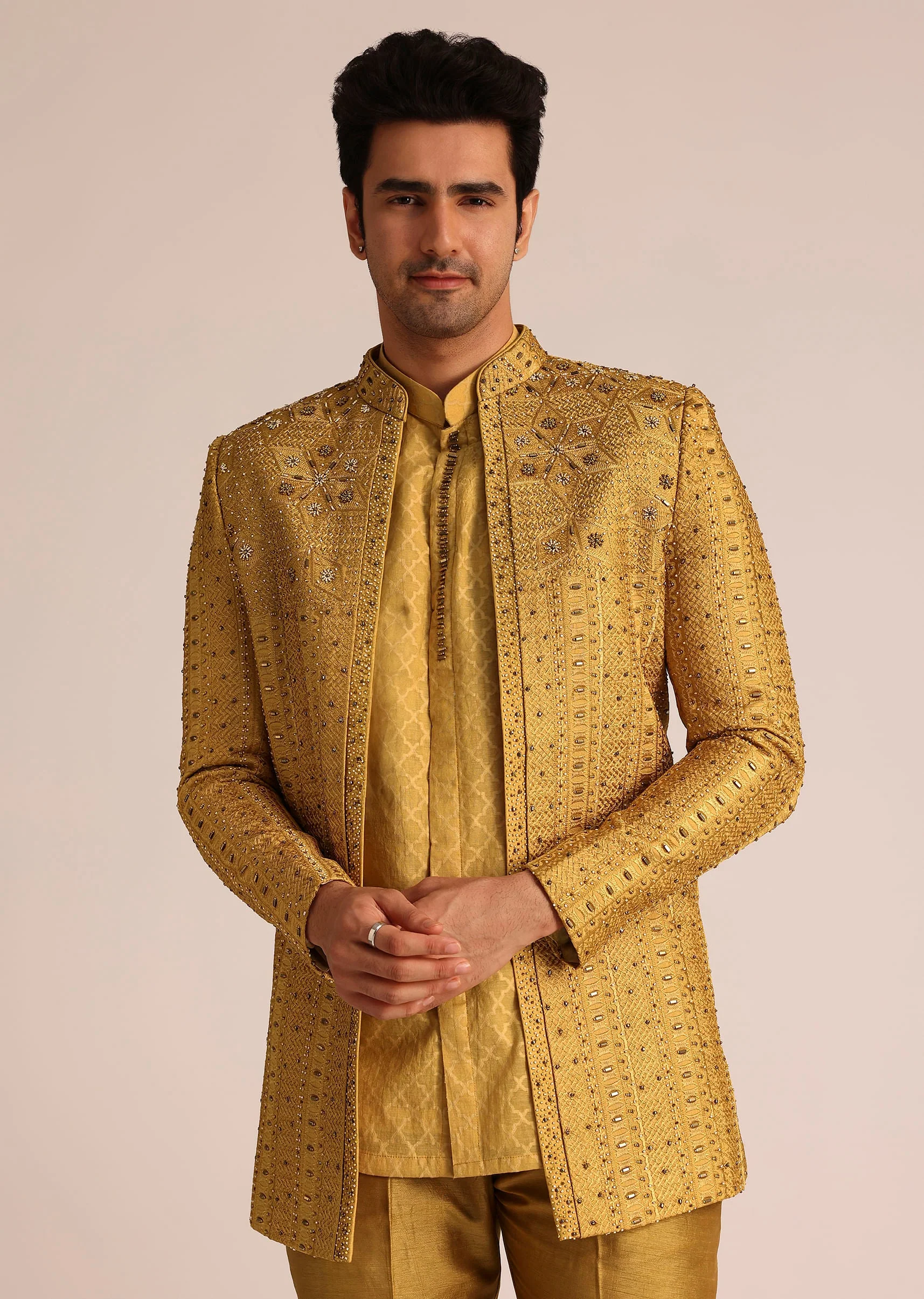 Yellow Silk Zardosi Indowestern Set - Image 2