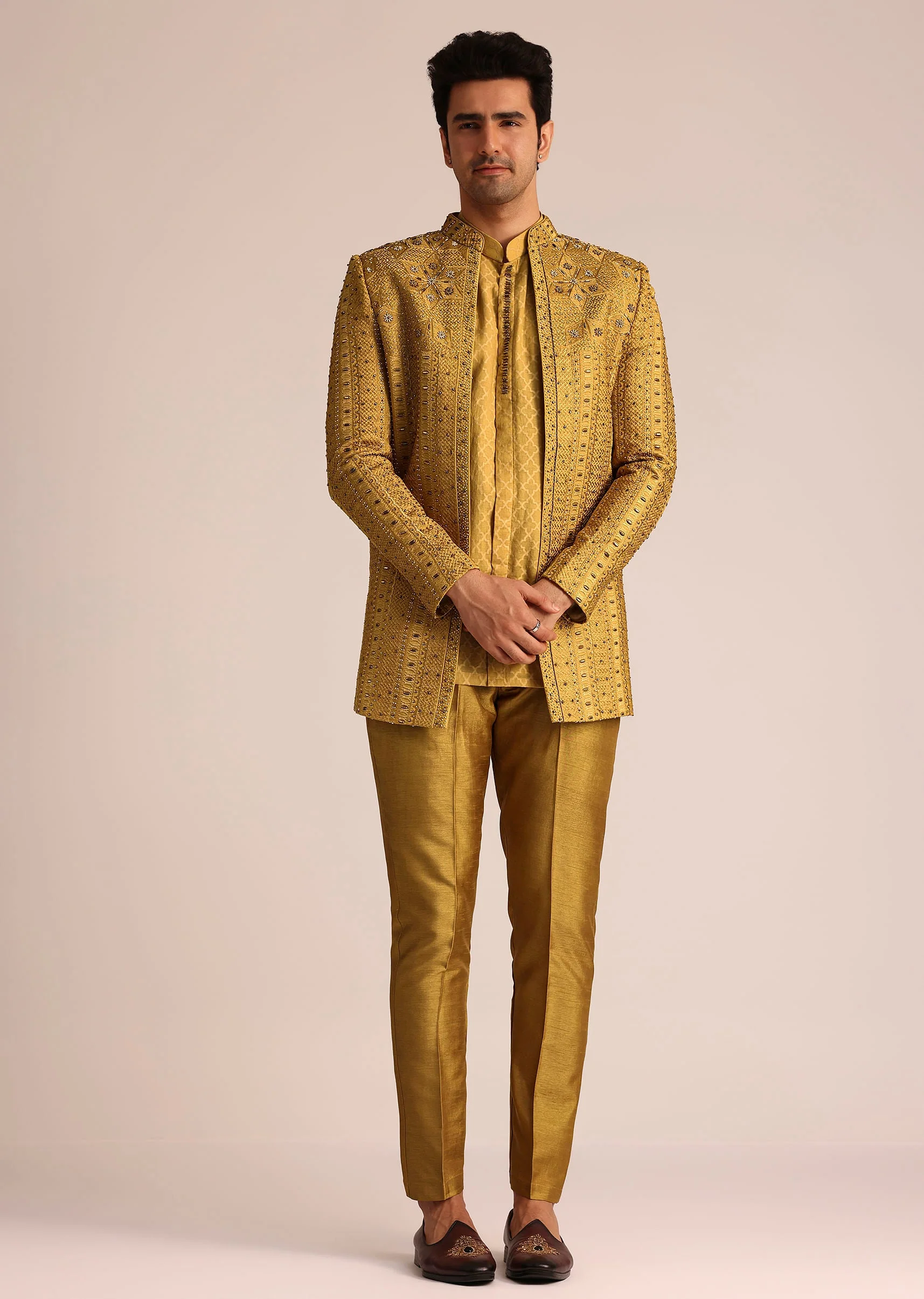 Yellow Silk Zardosi Indowestern Set - Image 3