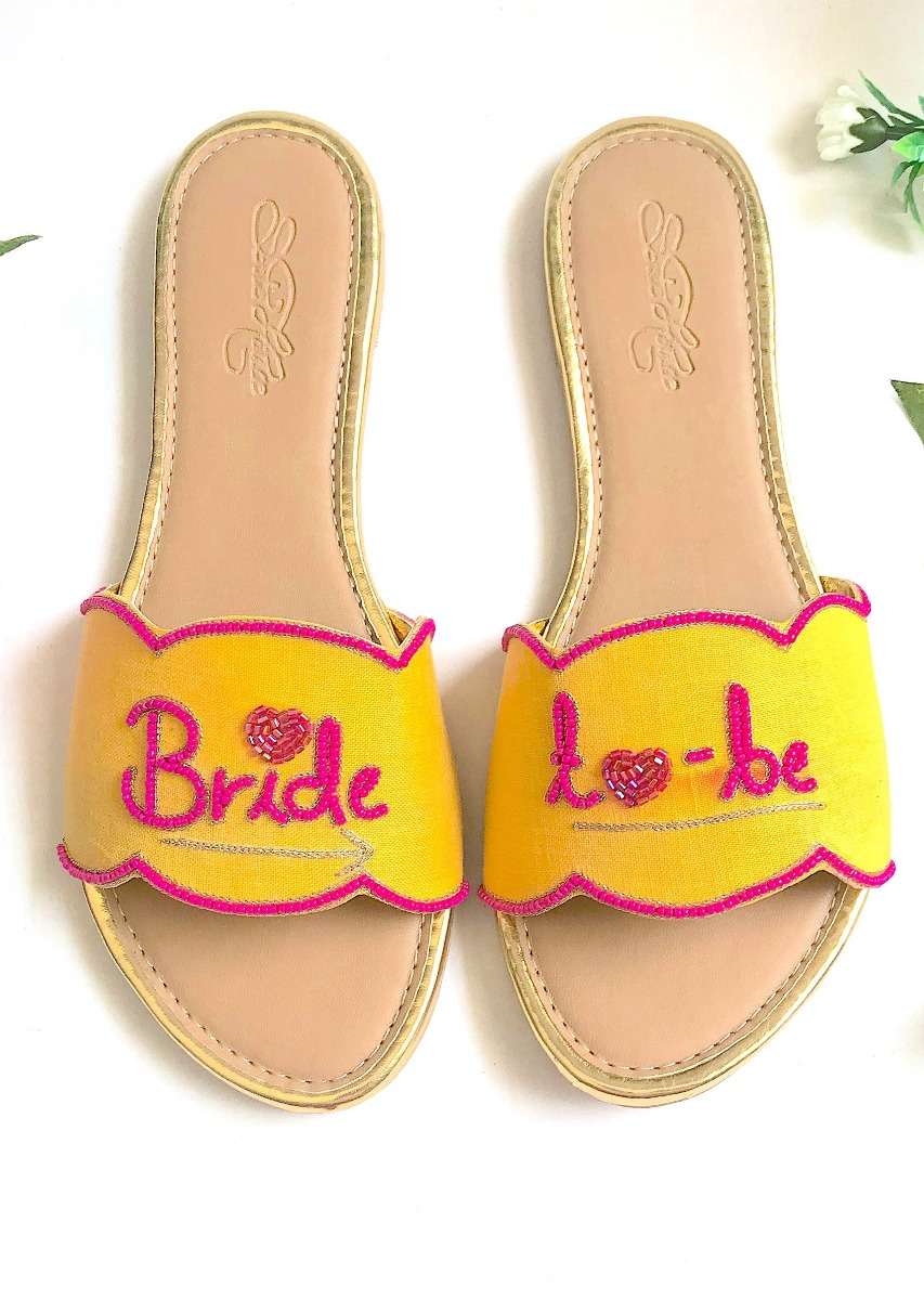 Yellow Slider Flats With Fuchsia Pink Colored Bride To Be Text And Scalloped Edge Online By Sole House - Image 3