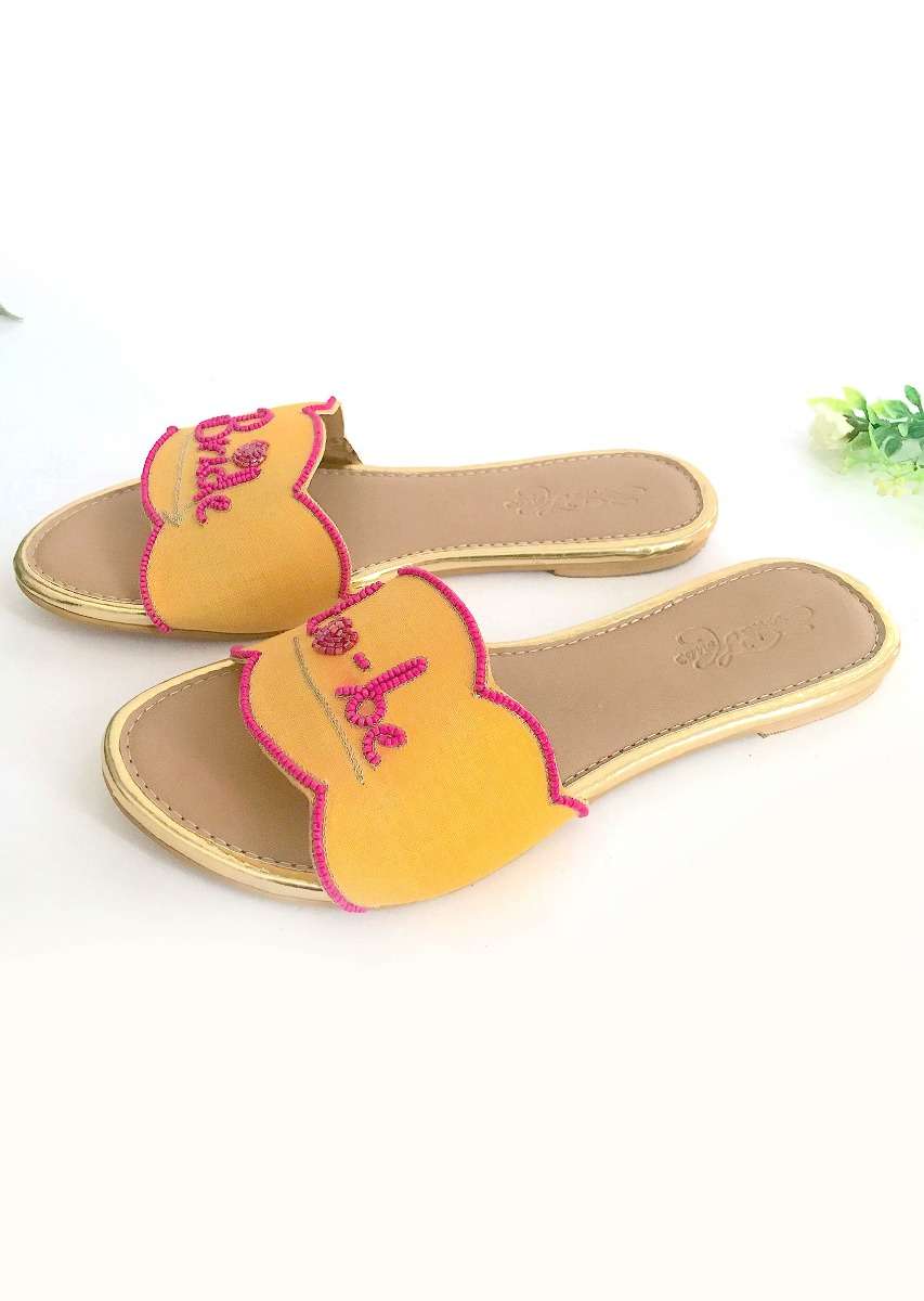Yellow Slider Flats With Fuchsia Pink Colored Bride To Be Text And Scalloped Edge Online By Sole House - Image 4