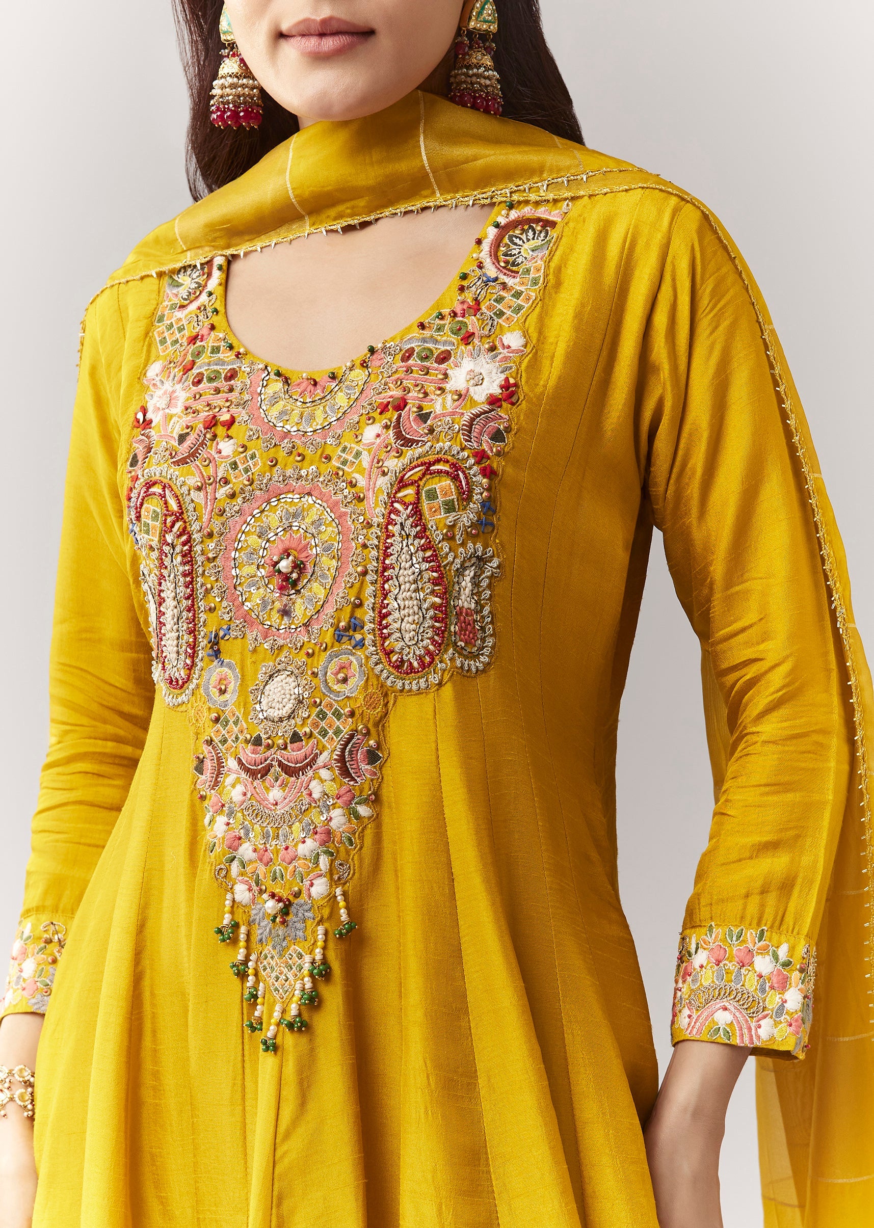 Yellow Threadwork Anarkali Pant Set With Dupatta - Image 2