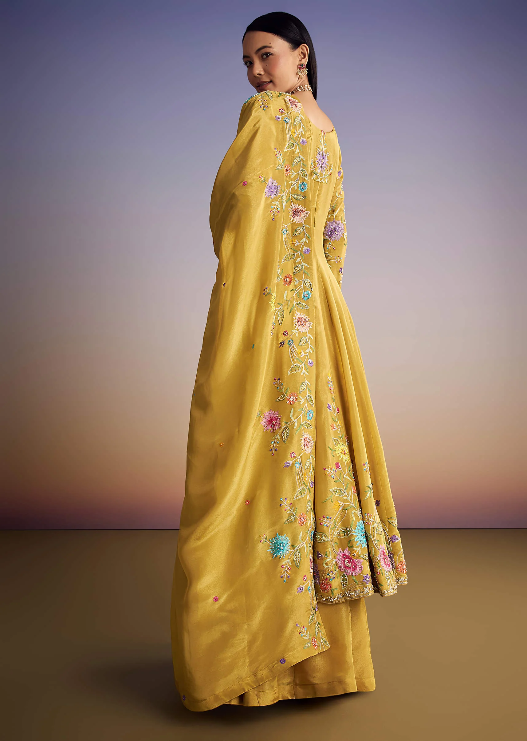 Yellow Tissue Anarkali Set With Resham And Moti Work - Image 5