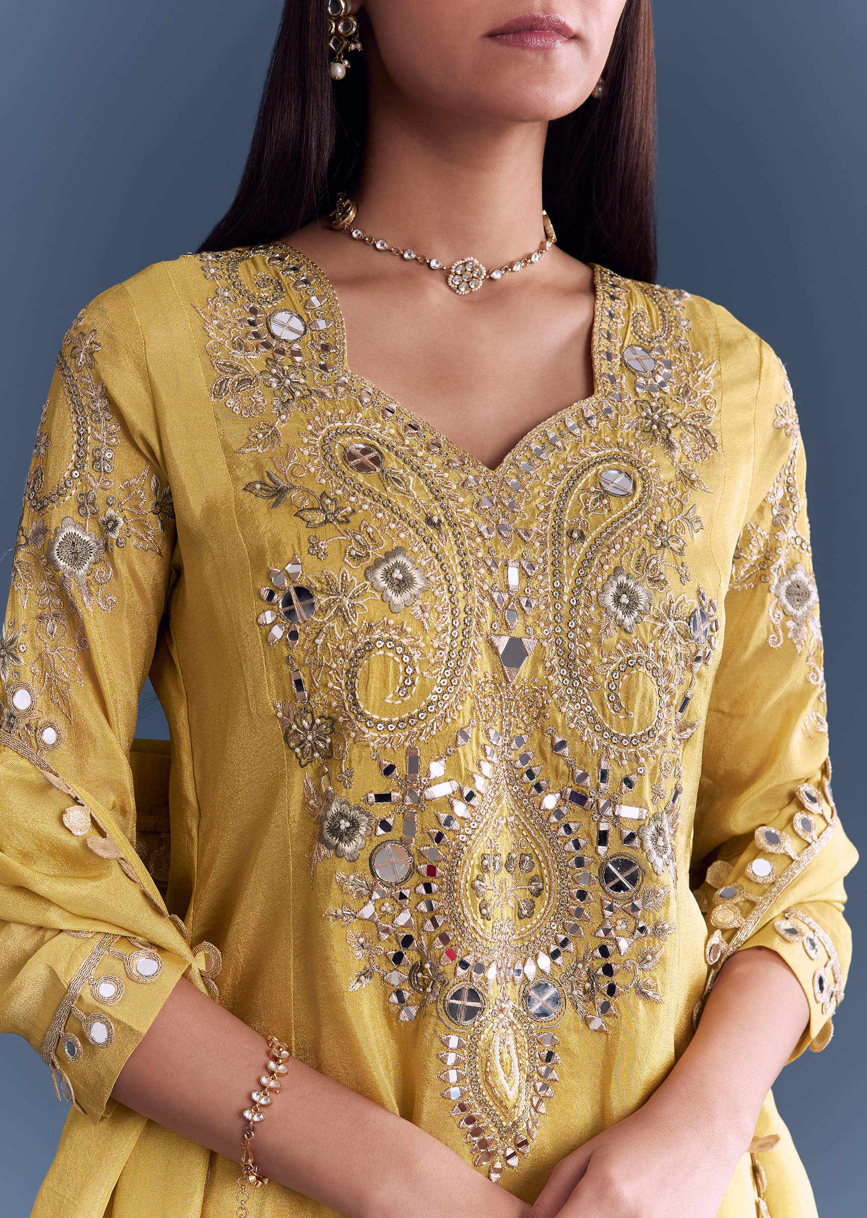 Yellow Tissue Palazzo Suit With Mirror And Zari Work Embroidery - Image 2