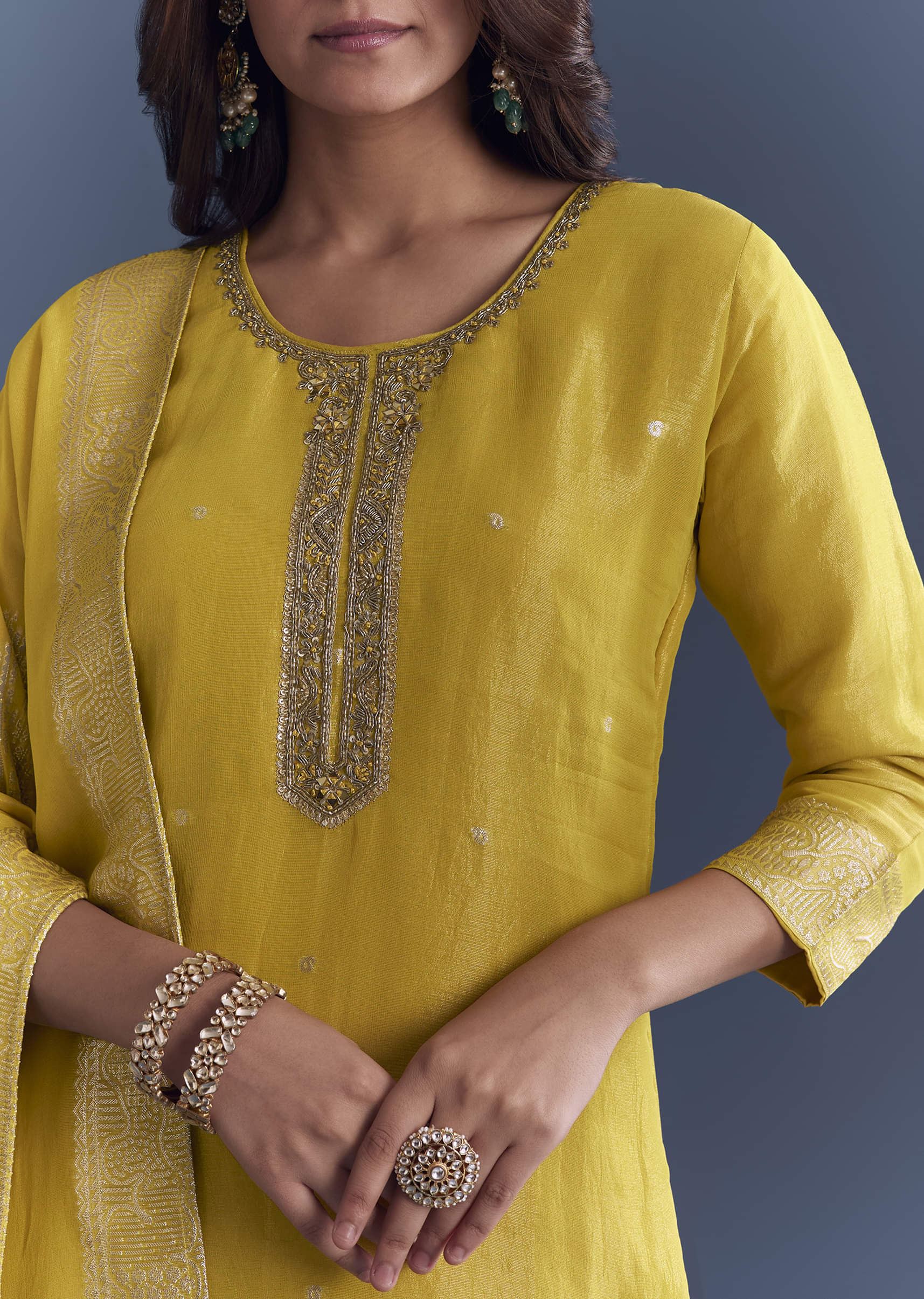 Yellow Tissue Palazzo Suit With Zardosi Embroidery - Image 2