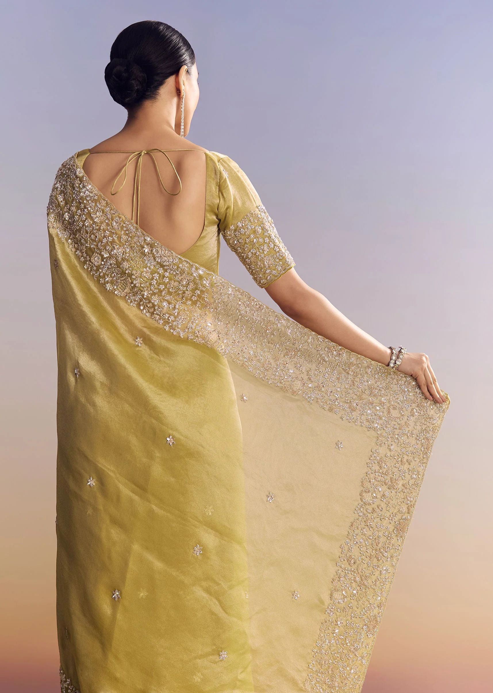 Yellow Tissue Saree With Heavy Floral Embroidered Border - Image 6