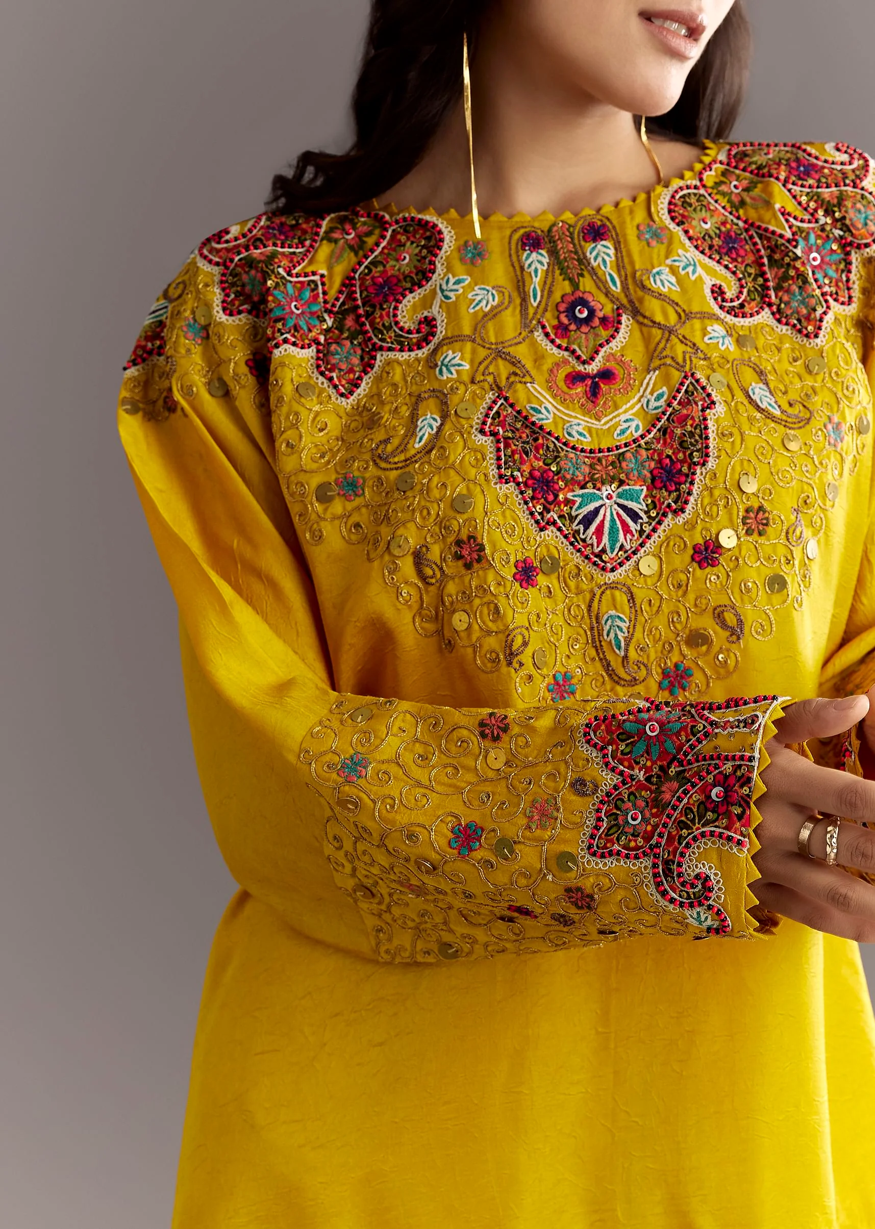 Yellow Tussar Silk Kurta Skirt With Beads And Threadwork - Image 2