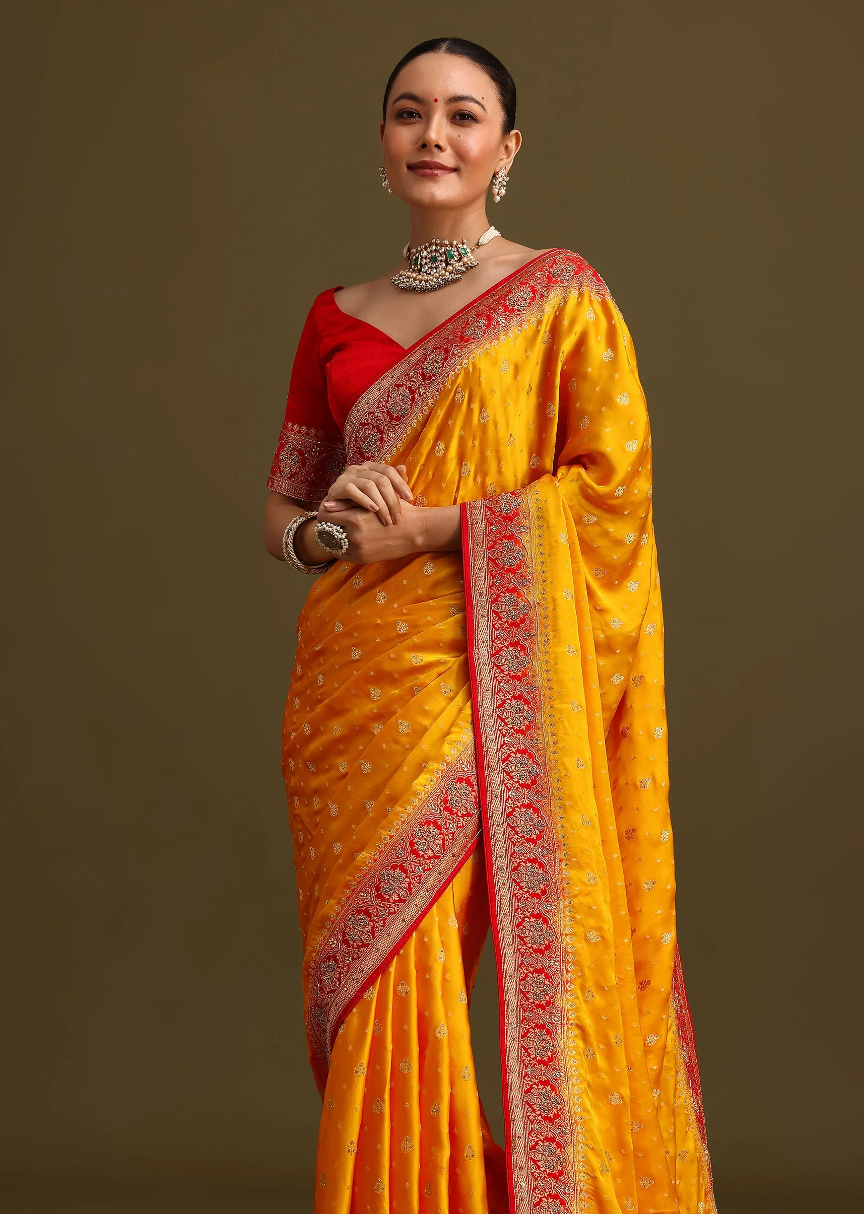 Yellow Zardosi Embroidered Saree With Contrast Pallu Border And Unstitched Blouse - Image 5
